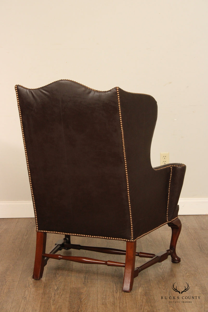 Kittinger Colonial Williamsburg Mahogany Pair Leather Upholstered Wing Chairs