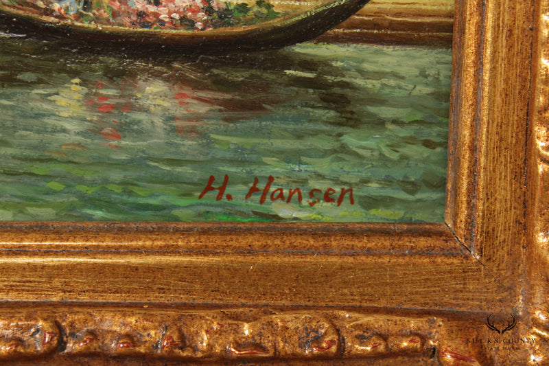 H. Hansen Giltwood Framed Oil on Board of the Molo, Venice