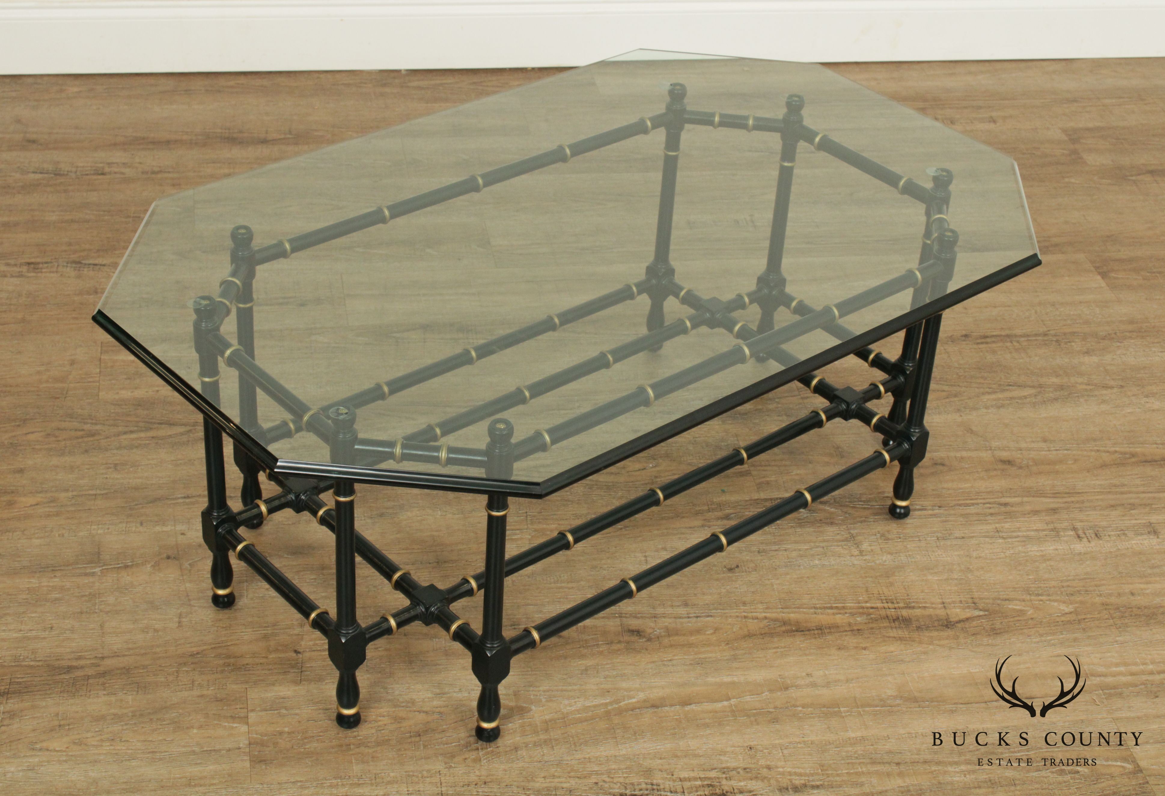 Faux Bamboo Vintage Black & Gold Glass Top Coffee Table