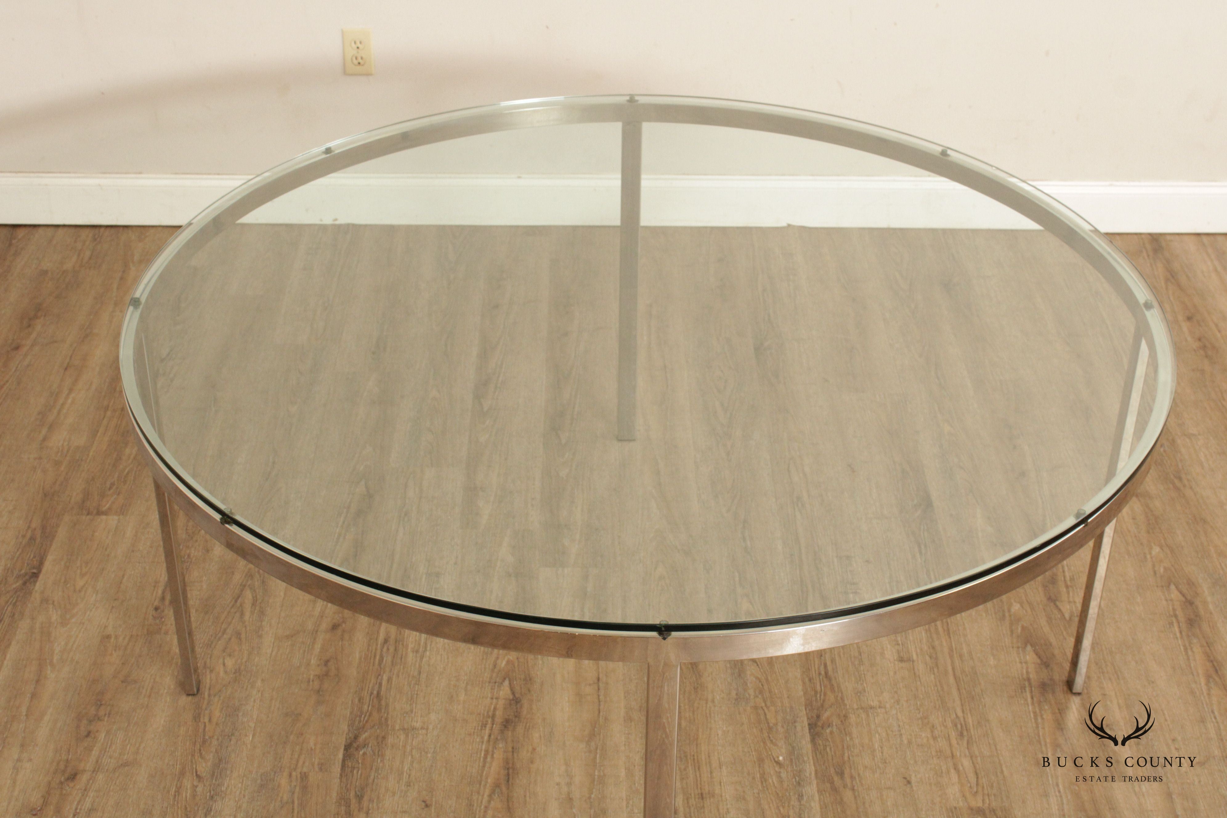 1970s Post Modern Chrome Glass Top Round Dining Table