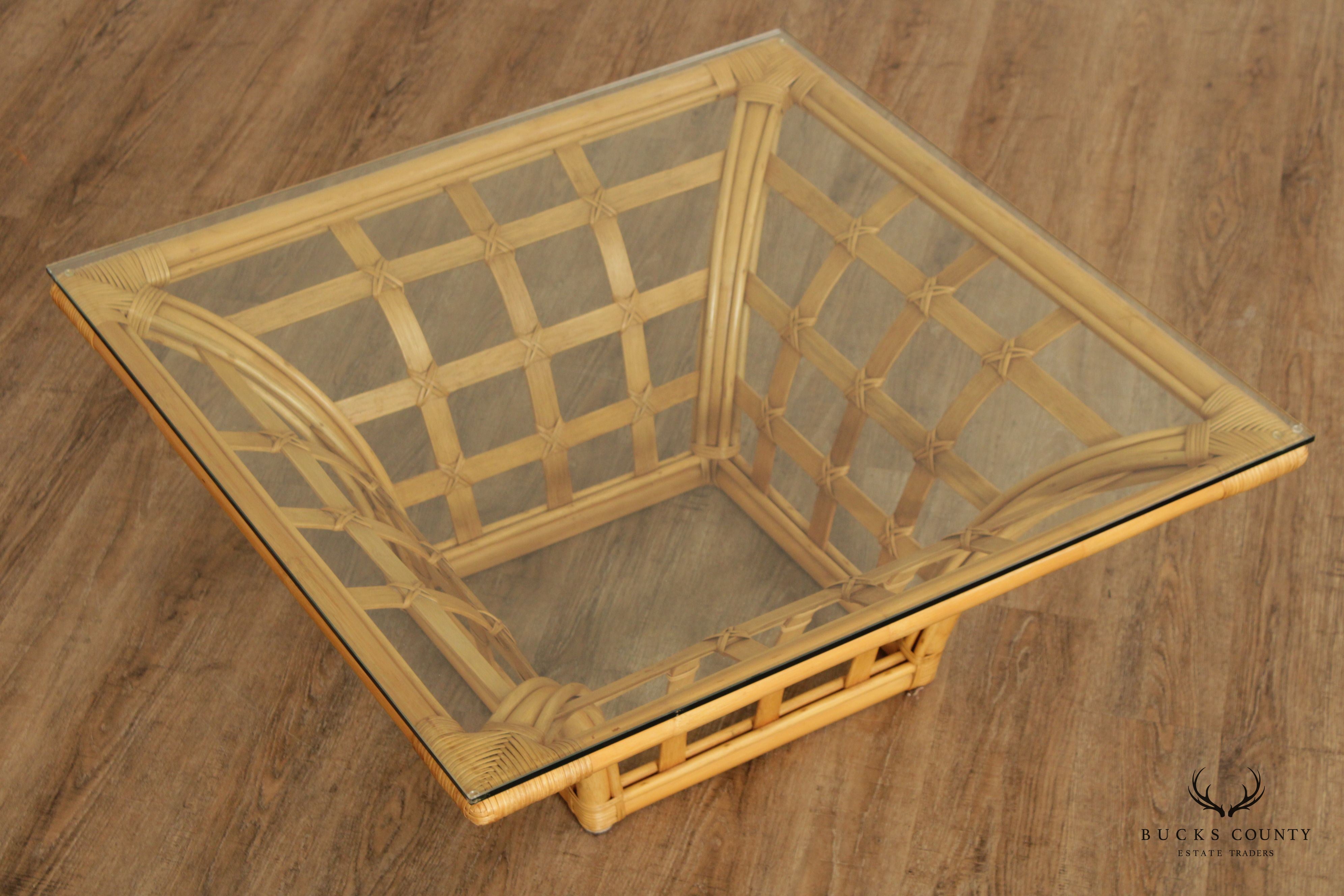 1970's Modern Rattan Glass Top Square Coffee Table