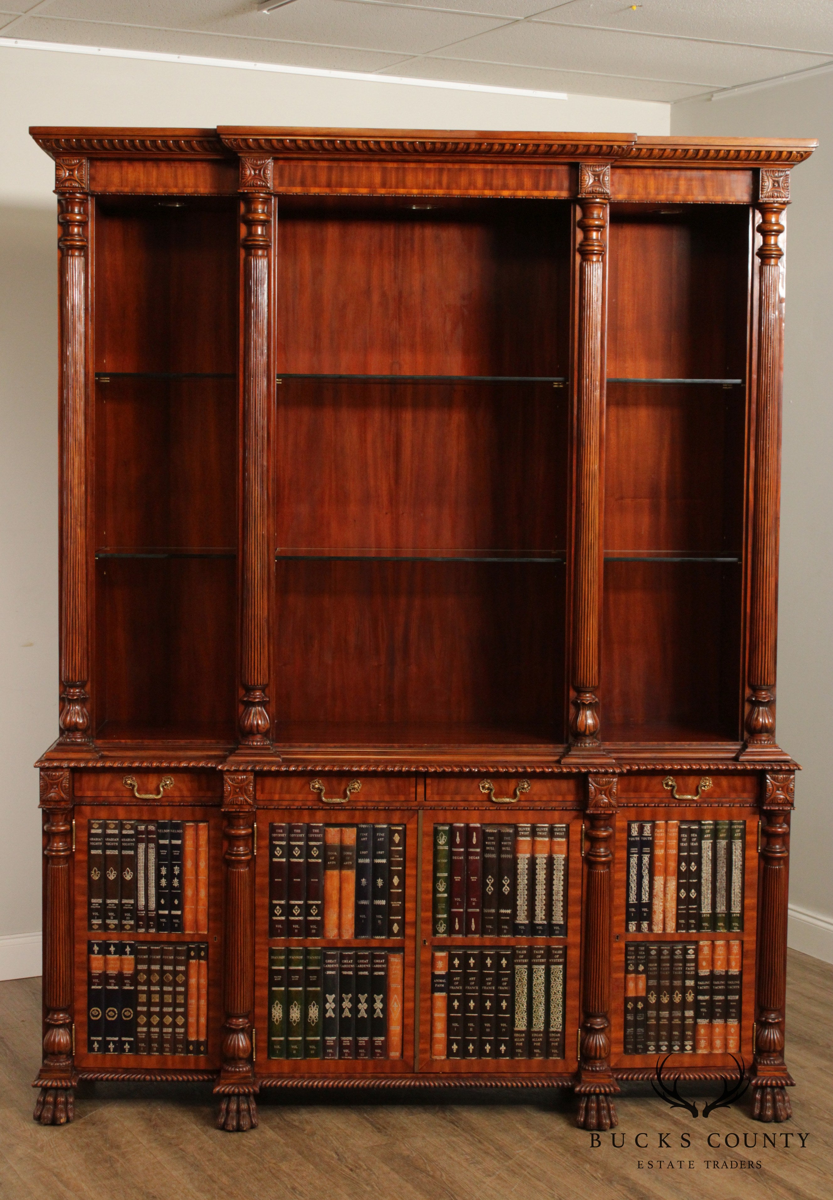 Maitland Smith Regency Style Large Mahogany Bookcase Breakfront