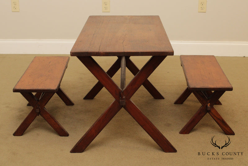 Antique Youth Size Oak Sawbuck Dining Farm Table with Benches