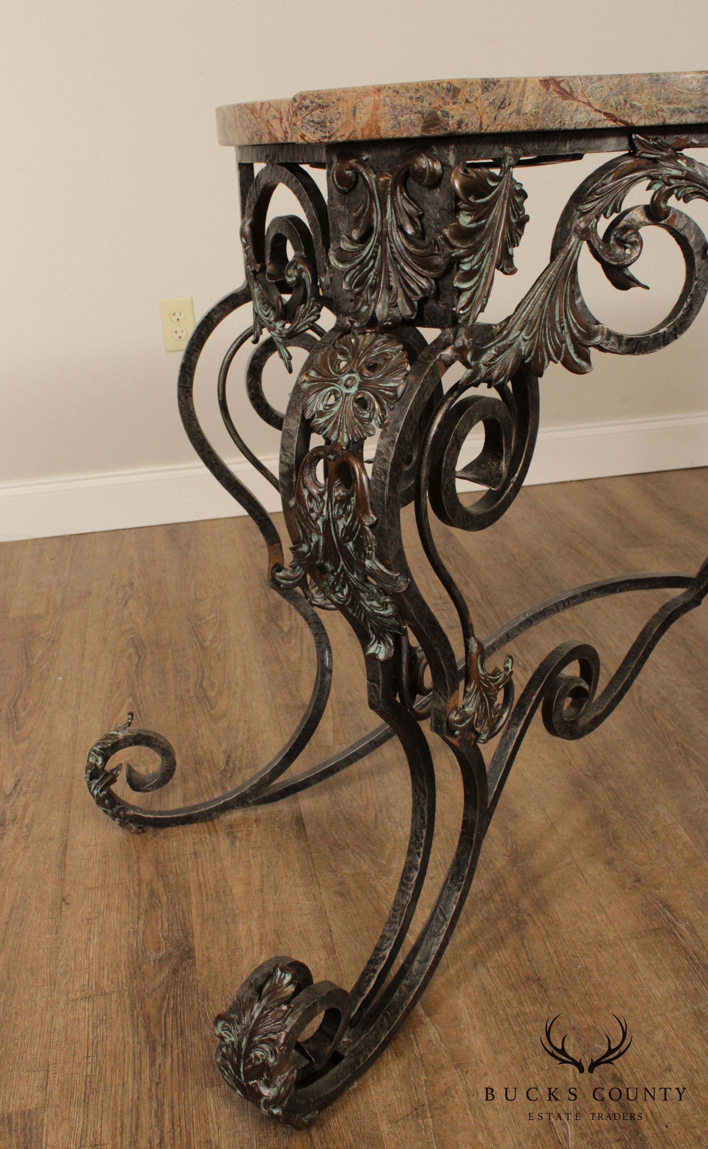 Maitland Smith Louis XIV Style Wrought Iron and Bronze Marble Top Console with Mirror