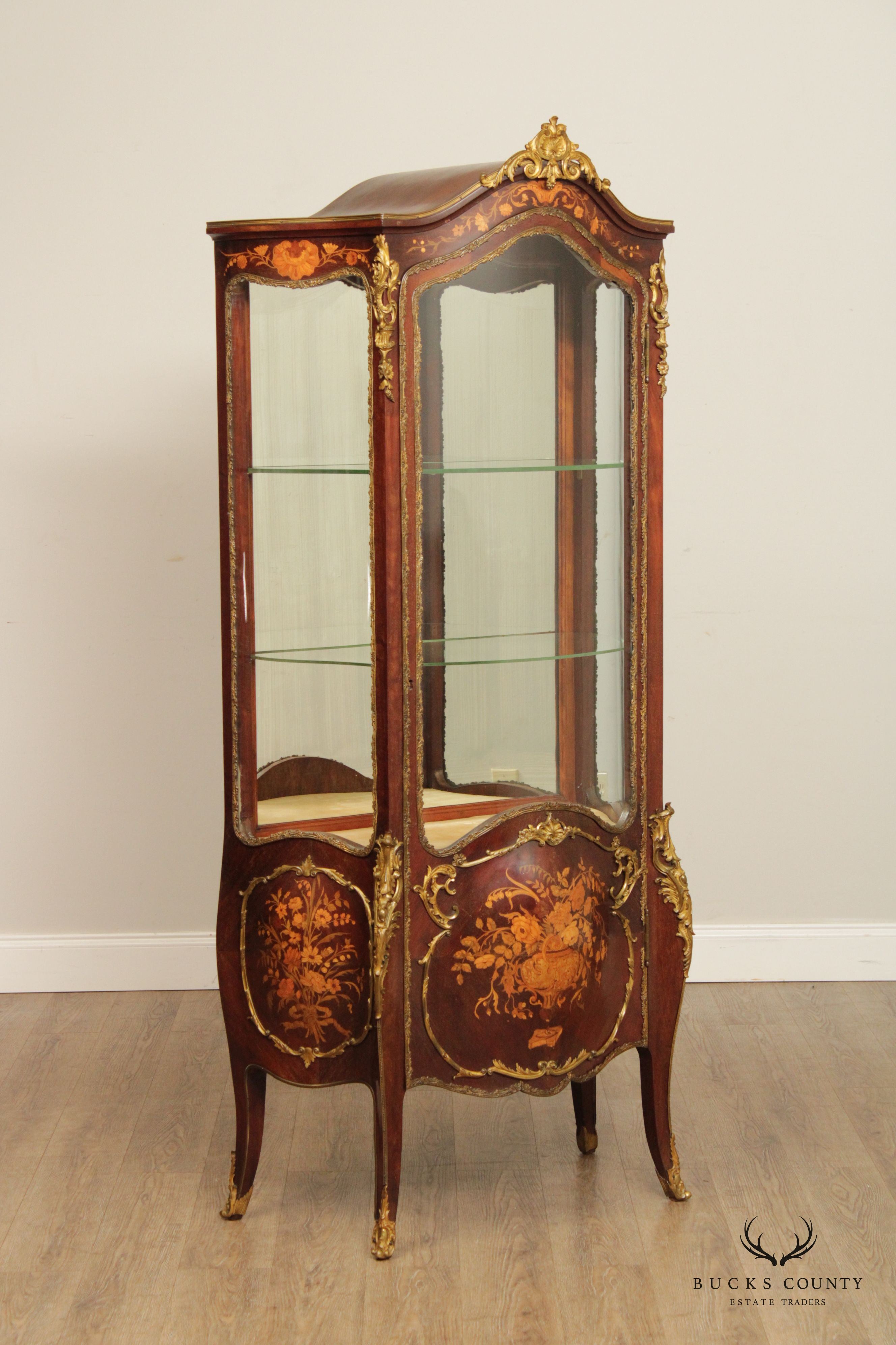 French Louis XV Style Inlaid Vitrine Display Cabinet