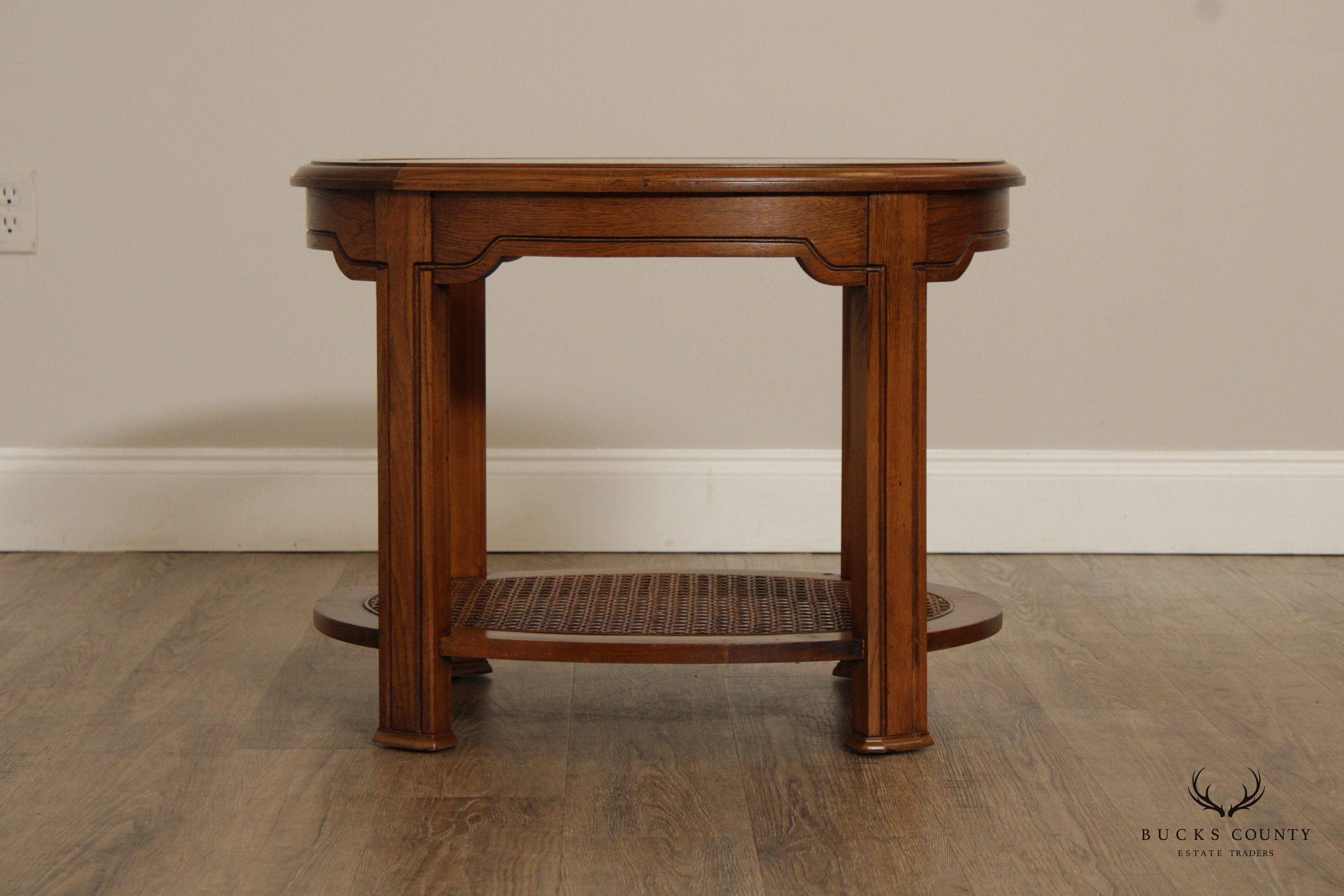 Asian Inspired Vintage Oval Two-Tier Glass Top End Table