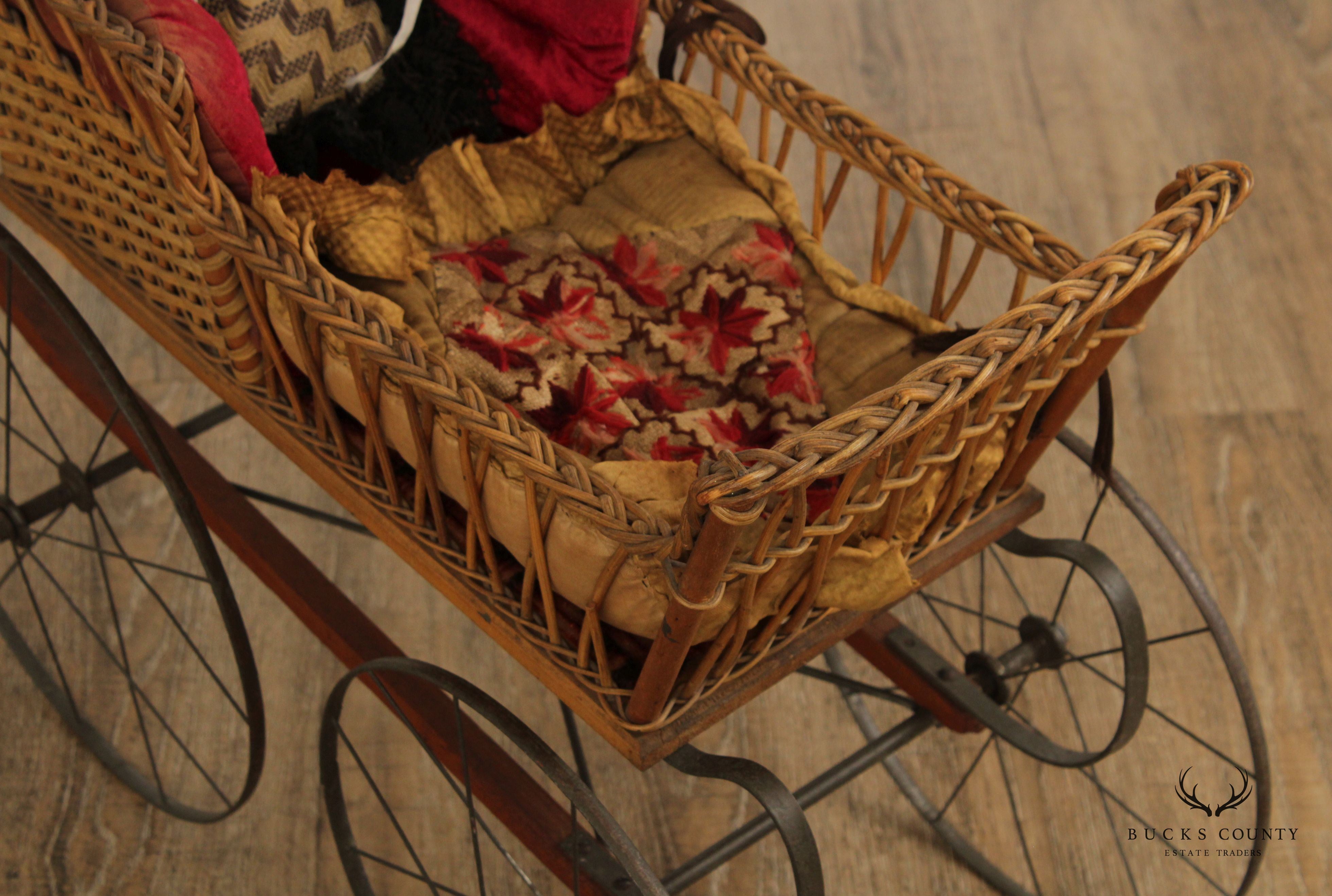 Antique Victorian Wicker Carriage Stroller with Umbrella