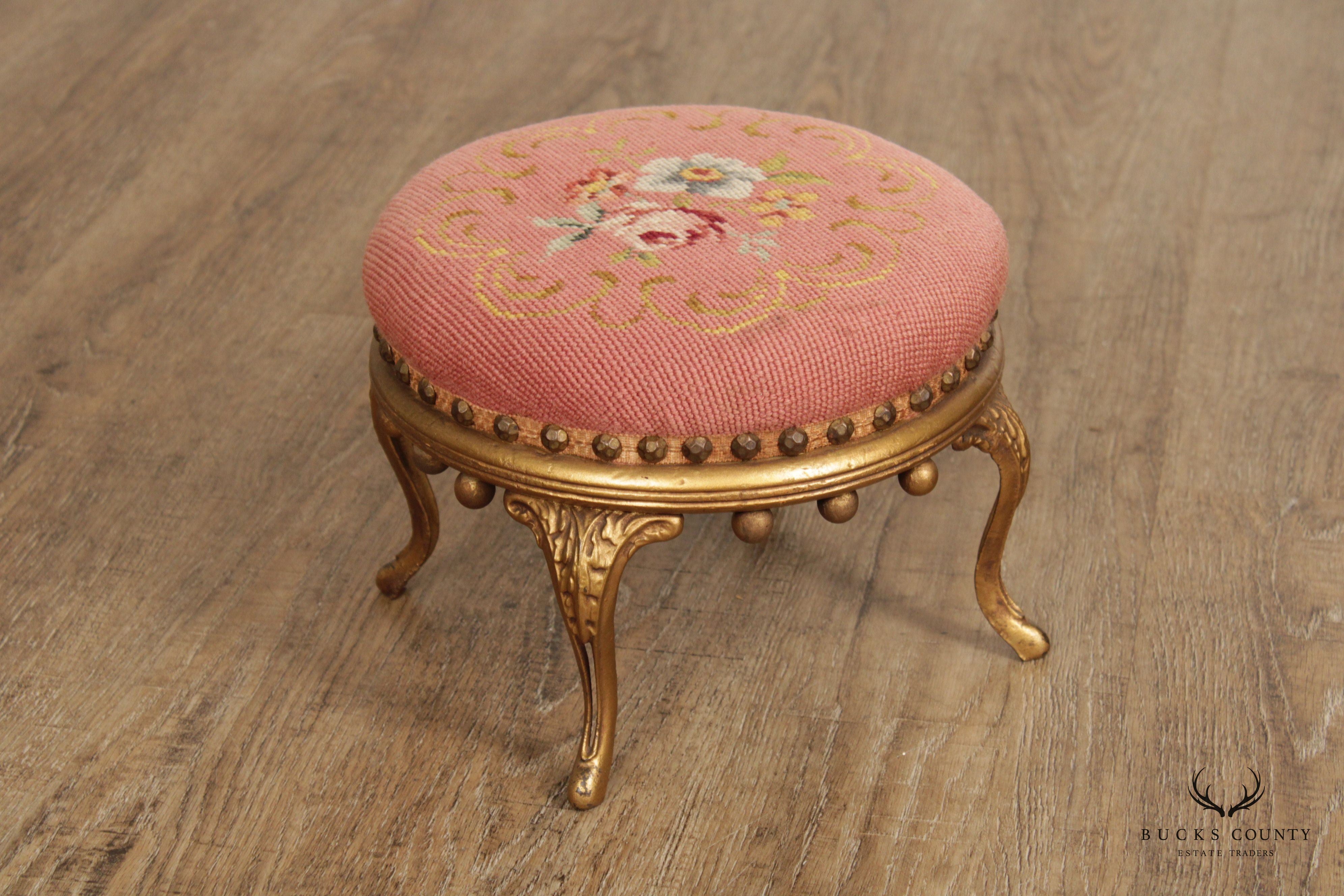 Victorian Style Needlework Gilt Painted Small Round Foot Stool