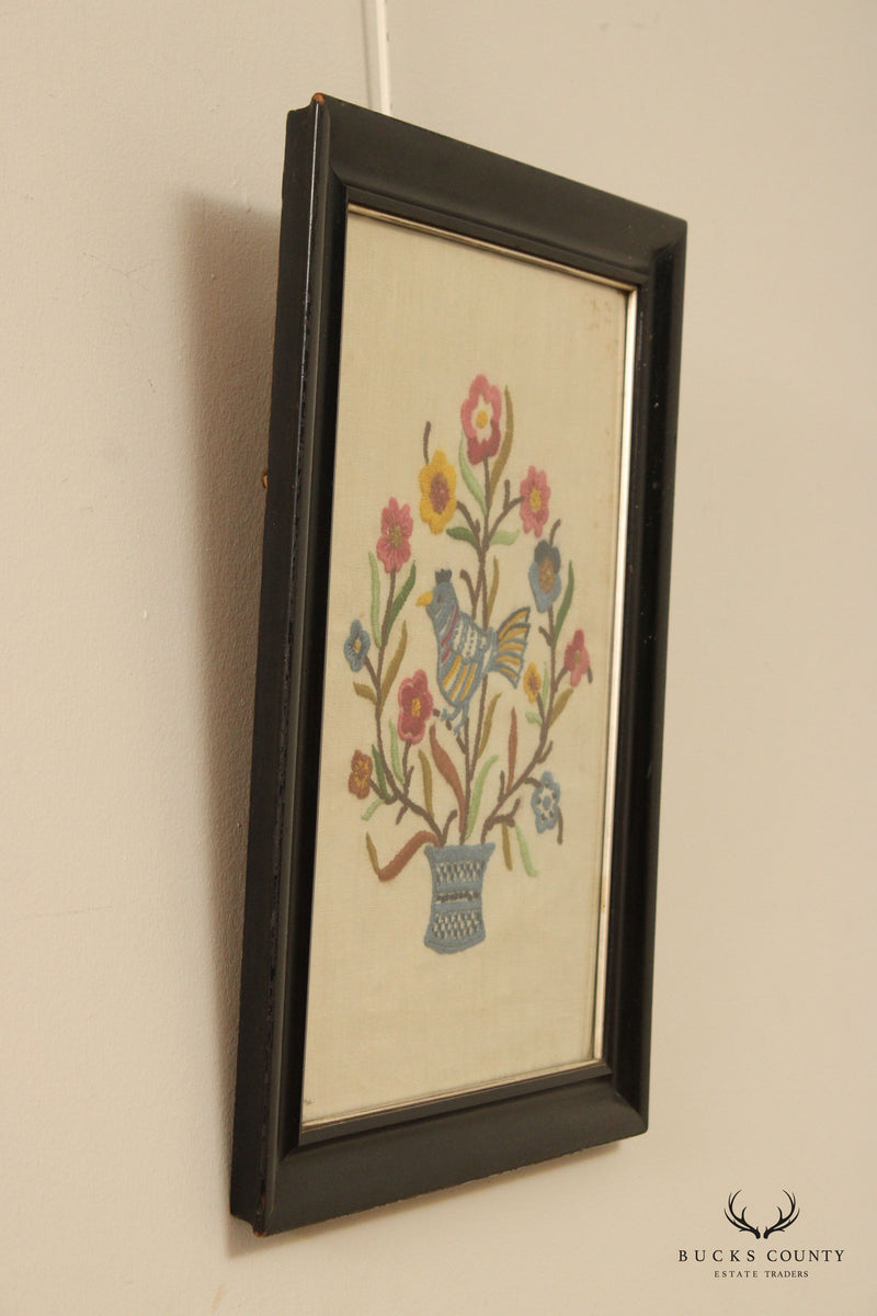 Vintage Crewel Embroidered Linen Textile, Custom Framed
