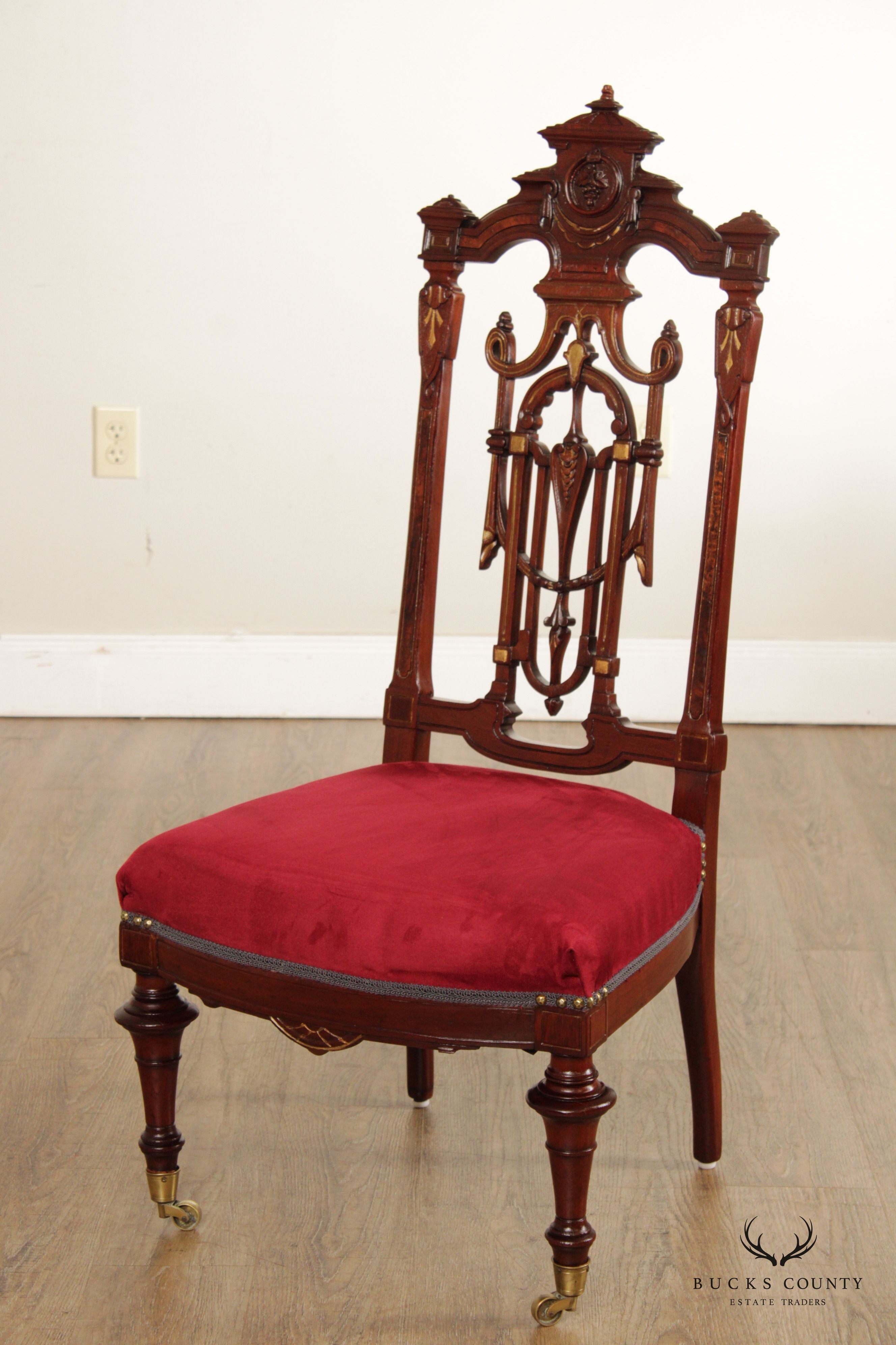 Antique Victorian Renaissance Carved Walnut Parcel Gilt Accent Chair