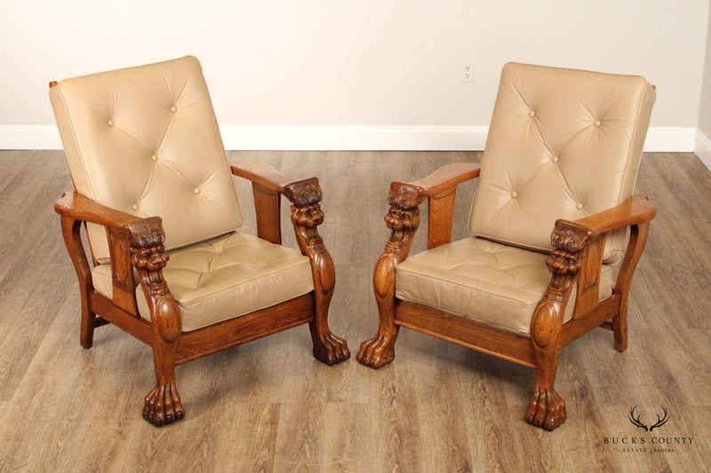 Renaissance Revival Antique Pair of Carved Oak Lion Head Reclining Morris Chairs