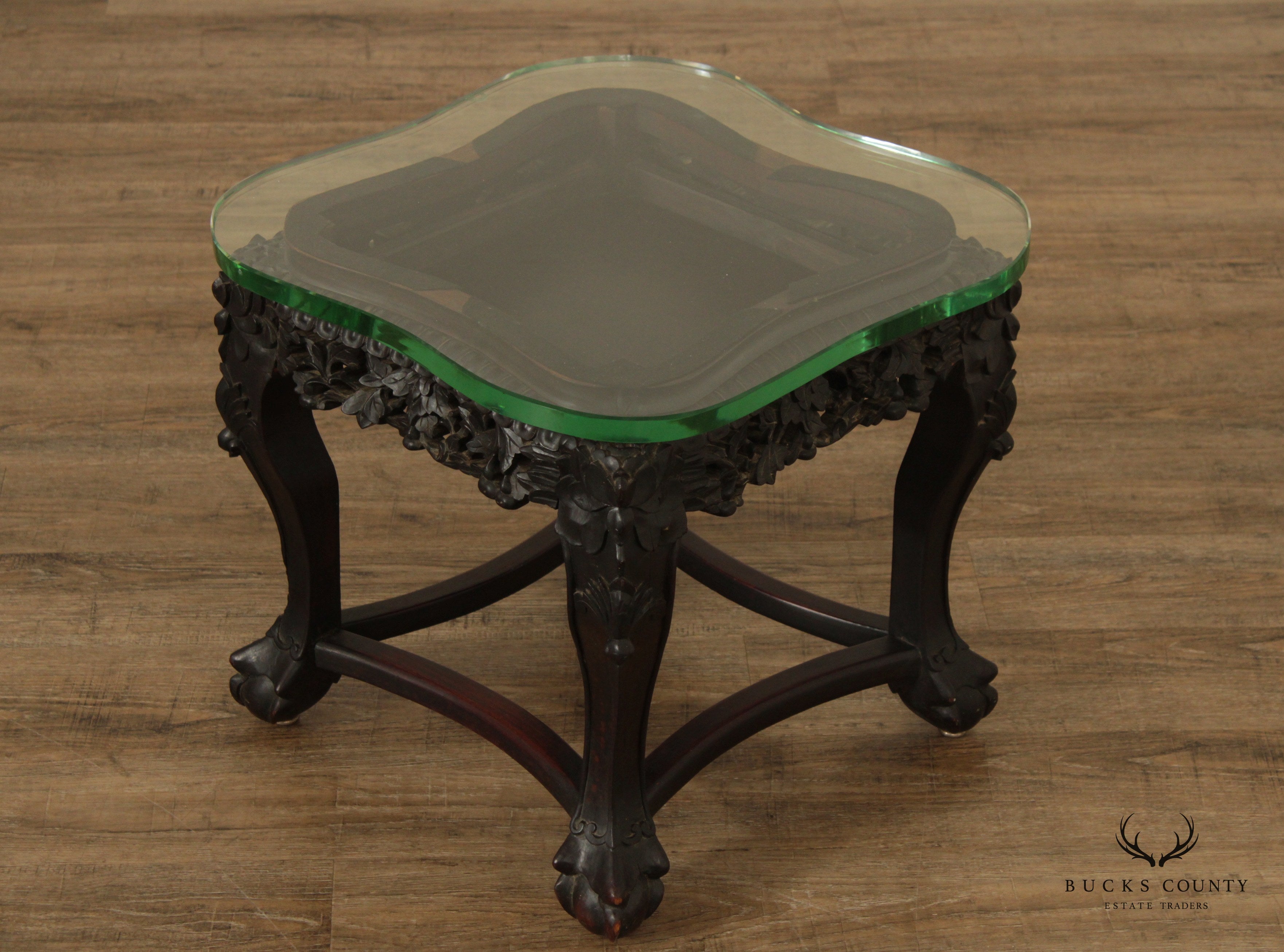 Antique Asian Ornate Carved Tabouret Side Table with Glass Top