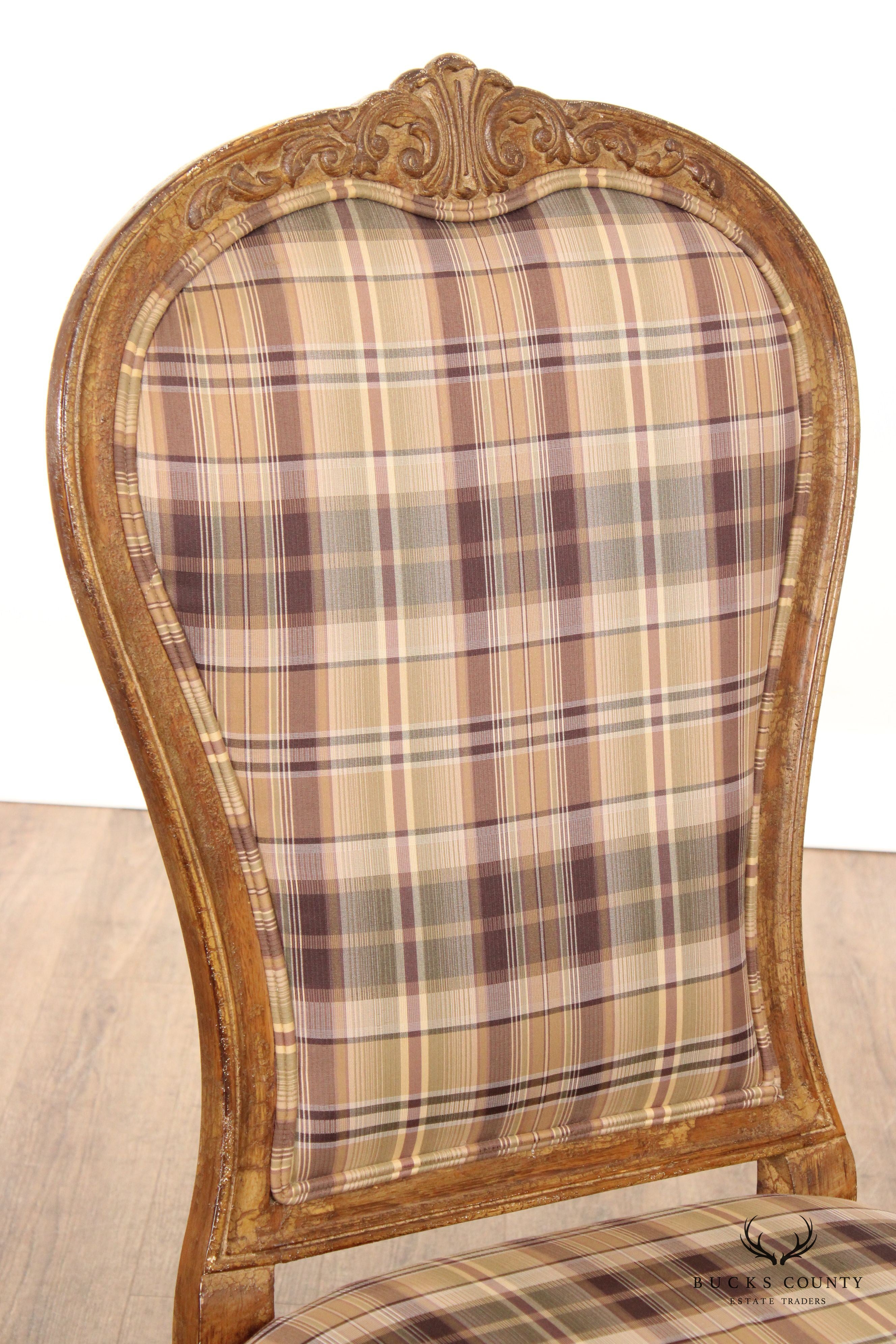 French Louis XV Style Set Six Plaid Upholstered Dining Chairs