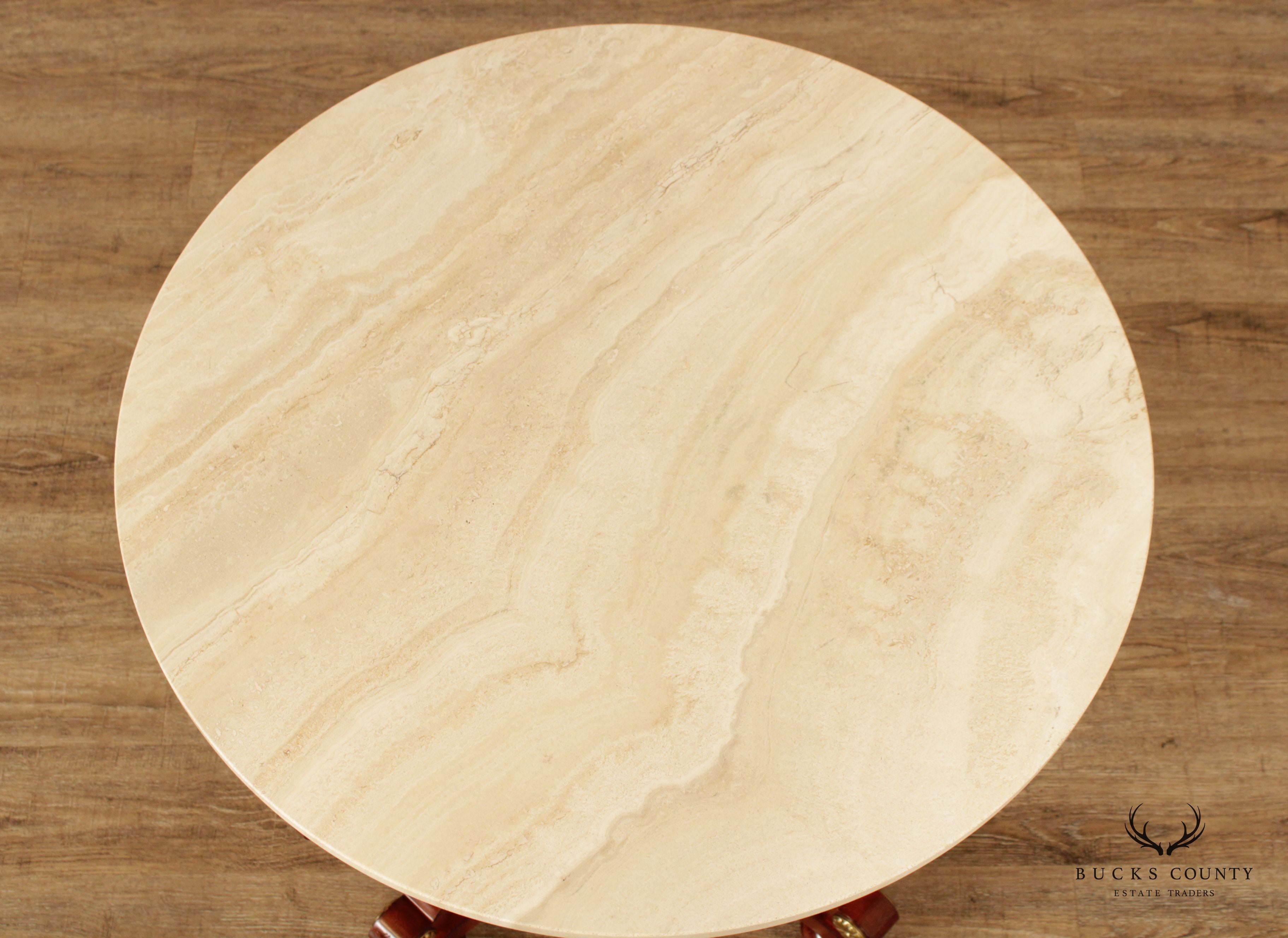 French Empire Style Round Travertine Top Mahogany Center Table