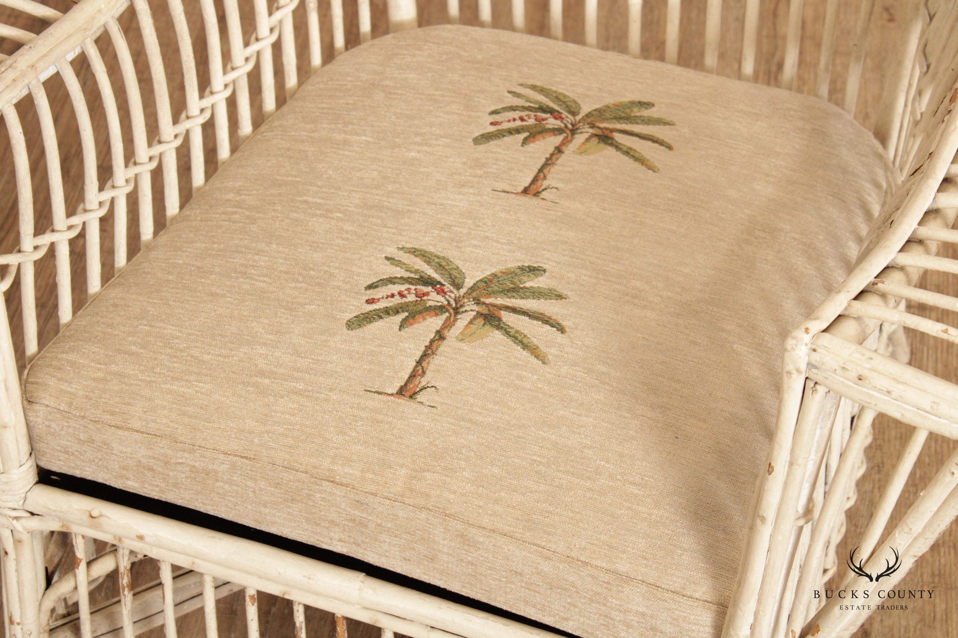 Vintage Coastal White Painted Split Reed Wicker Rattan Pair Patio Lounge Chairs