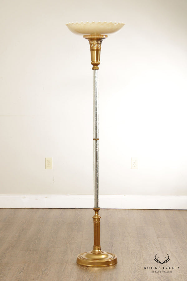 Art Deco Style Etched Glass Torchiere Floor Lamp