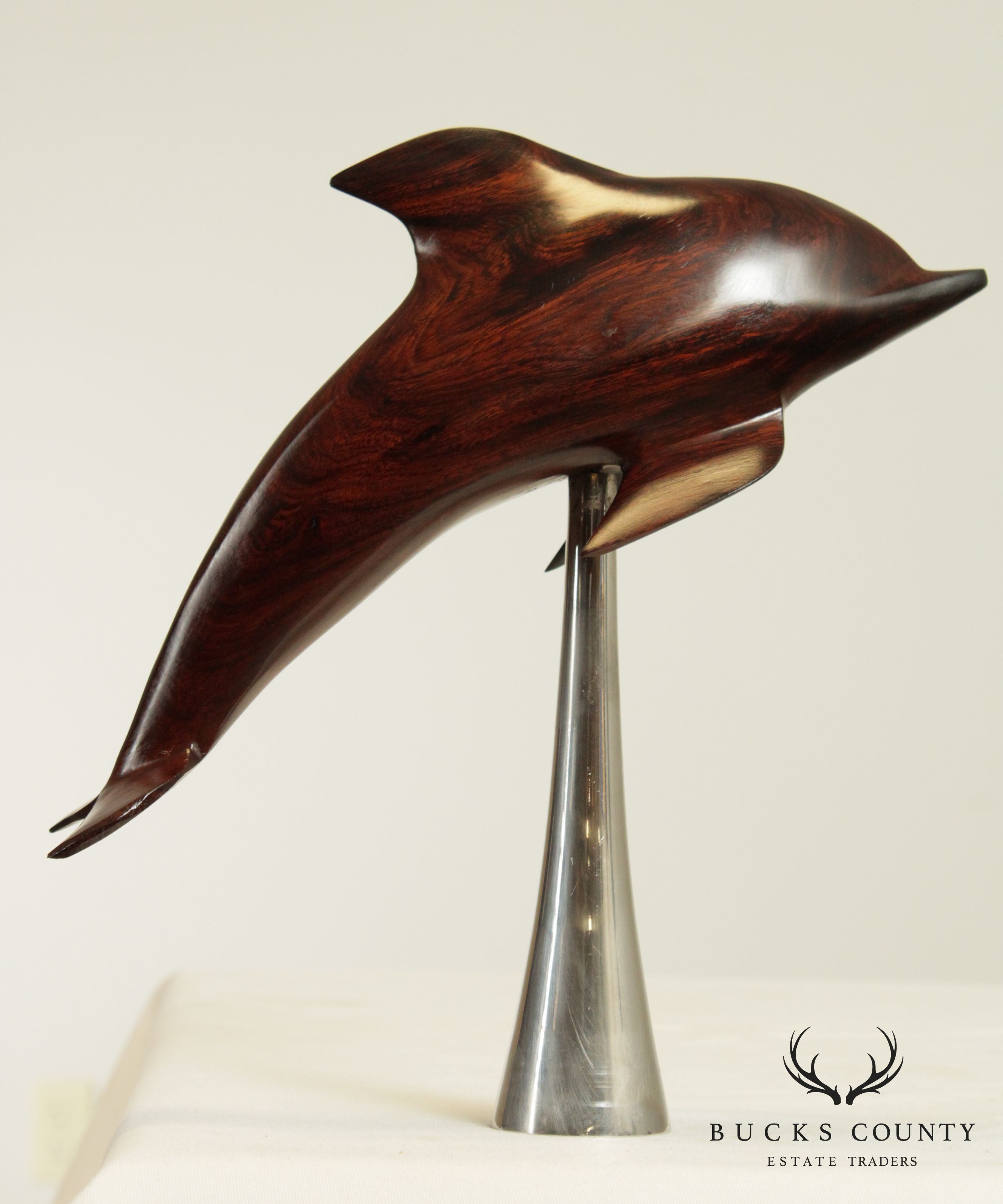 Mid Century Modern Carved Rosewood Dolphin Sculpture on Chrome Base