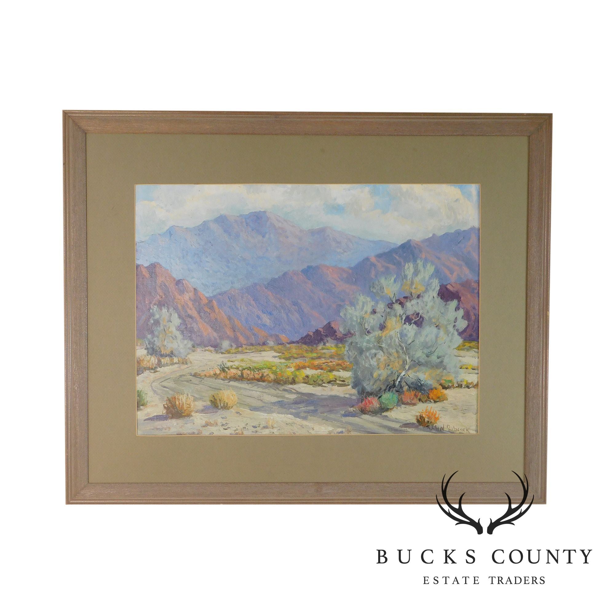 Western Desert & Mountains Landscape Signed "R. Lloyd Babcock" Oil on Board Framed