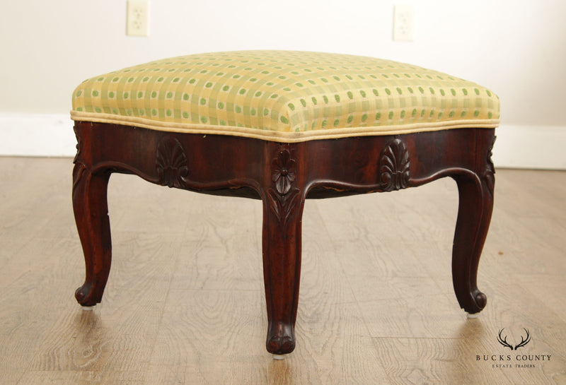 French Louis XV Style Vintage Carved Mahogany Foot Stool or Ottoman