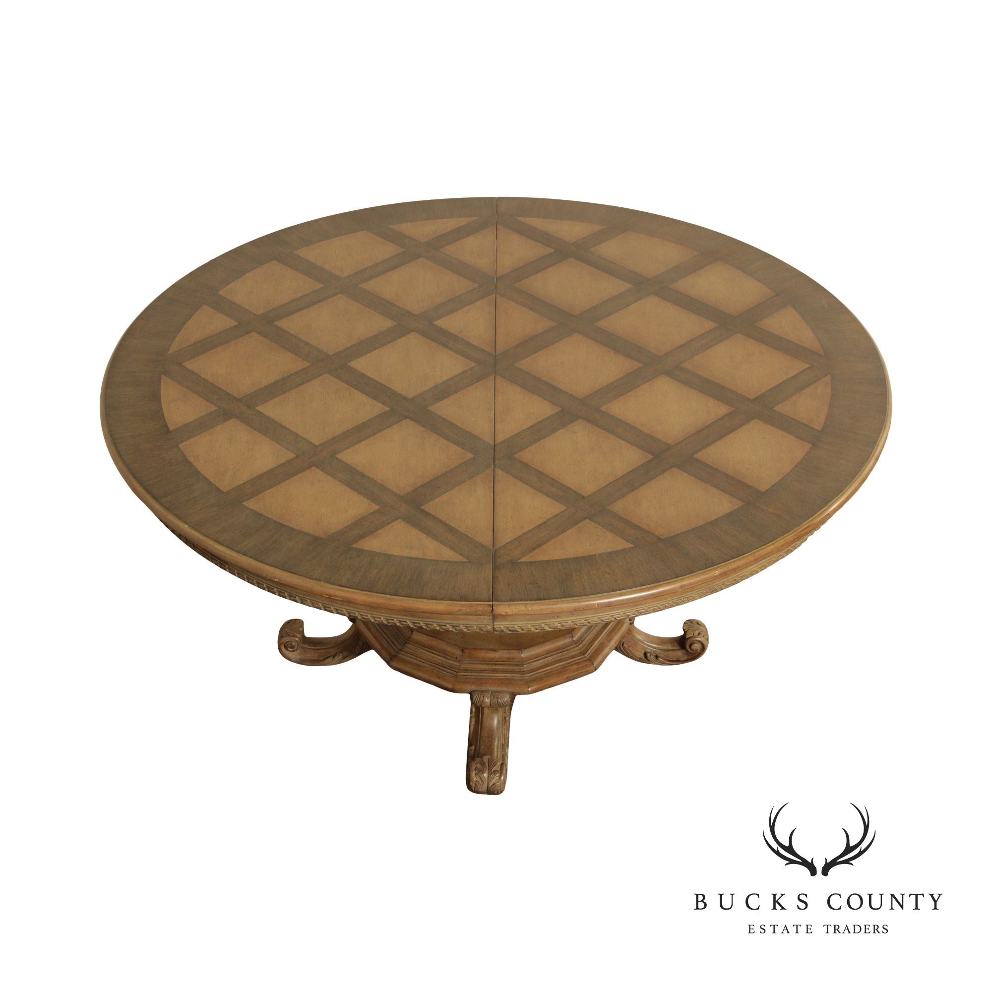 Rustic European Style Round Parquetry Top Pedestal Dining Table