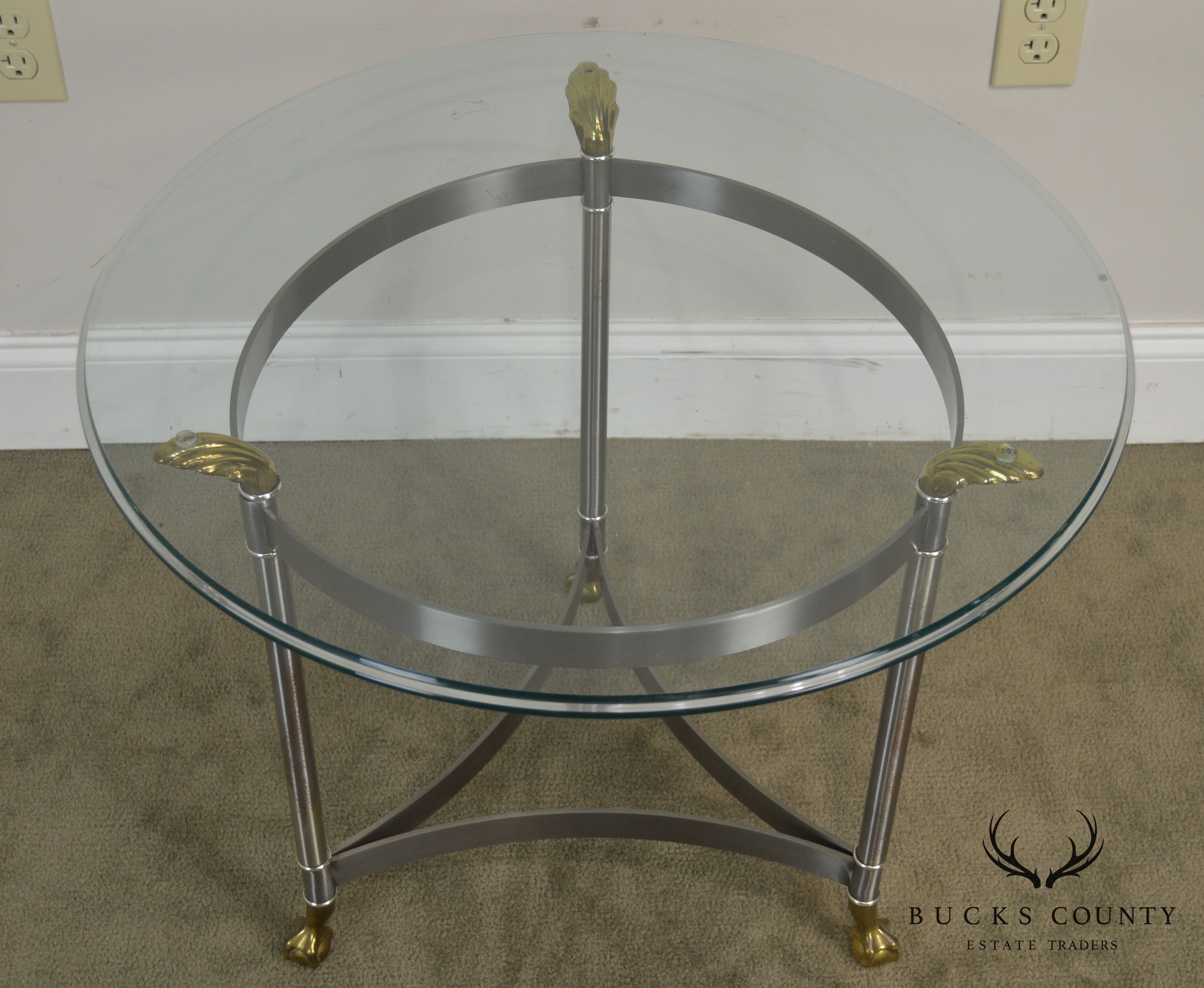 Directoire Style Brushed Steel & Brass Round Glass Top Side Table