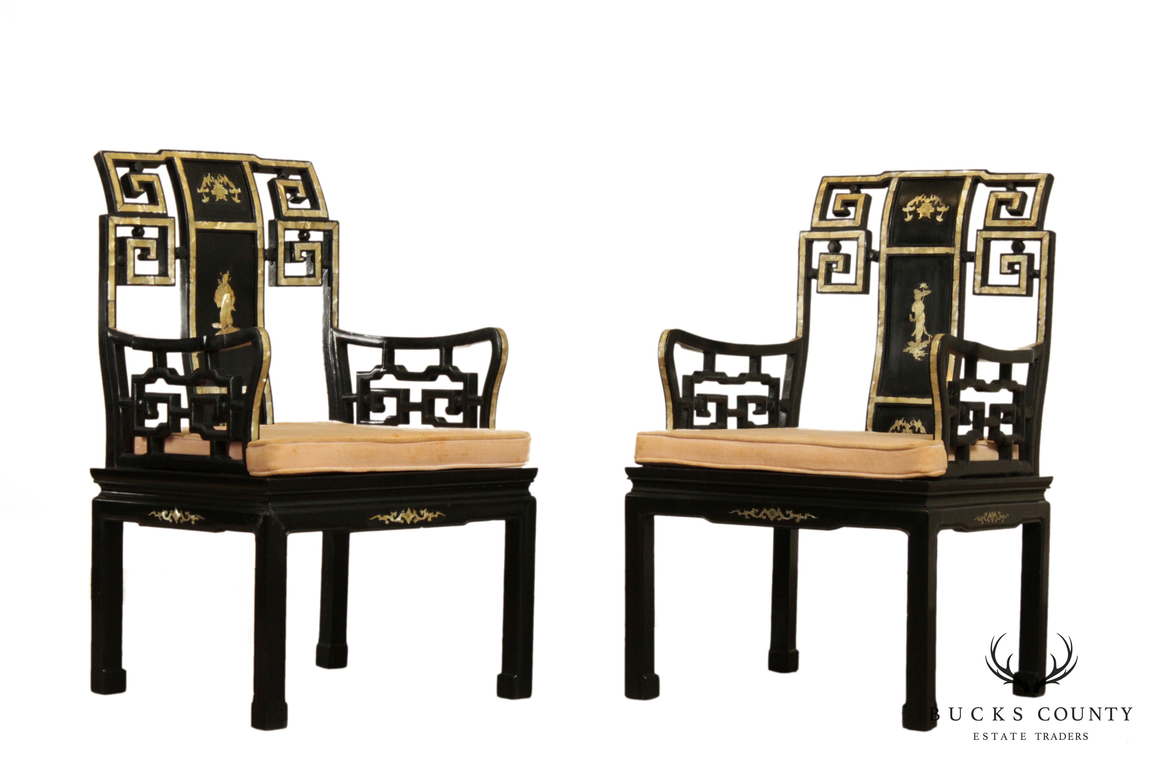 Vintage Italian Black Lacquer & Mother of Pearl Inlaid Pair Armchairs