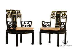 Vintage Italian Black Lacquer & Mother of Pearl Inlaid Pair Armchairs