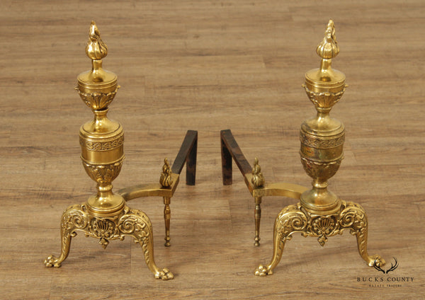 Vintage Pair of Neoclassical Style Brass Andirons