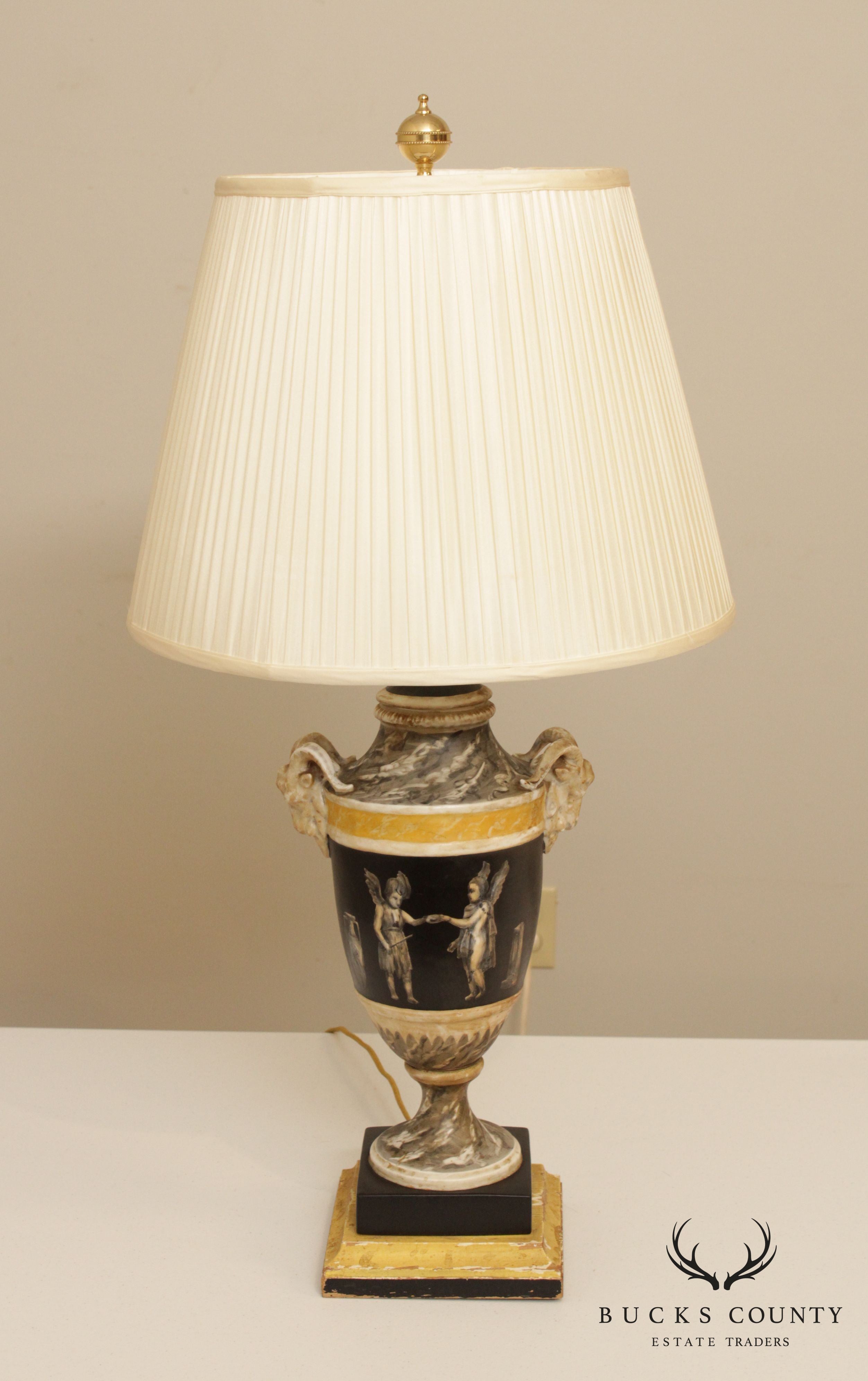 Vintage Neoclassical Painted Urn Lamp with Shade