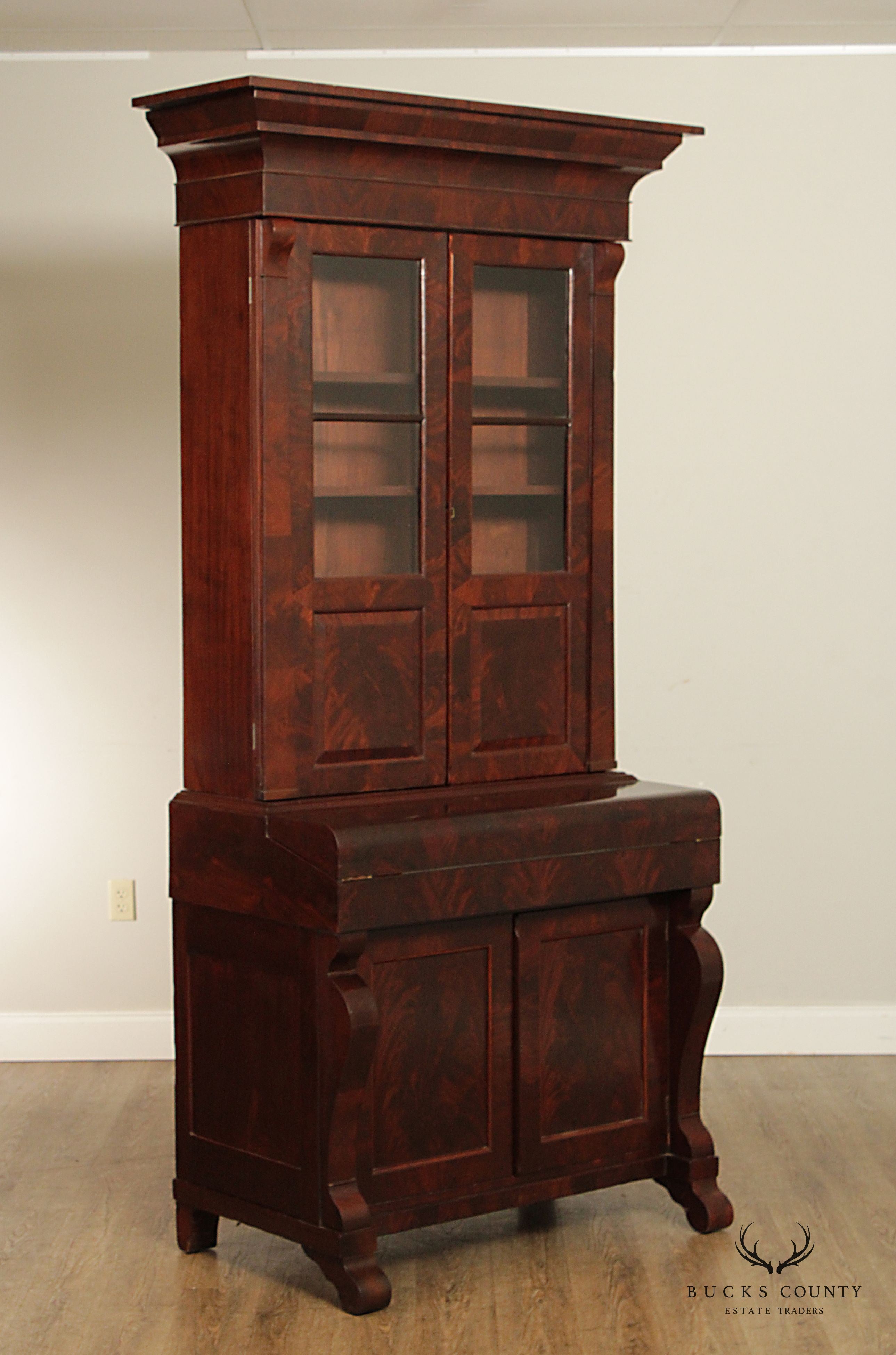 Antique 19th C. American Classical Empire Mahogany Secretary Desk Bookcase