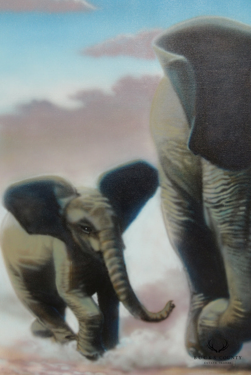 Contemporary Photorealism South African Elephants Original Painting, Signed