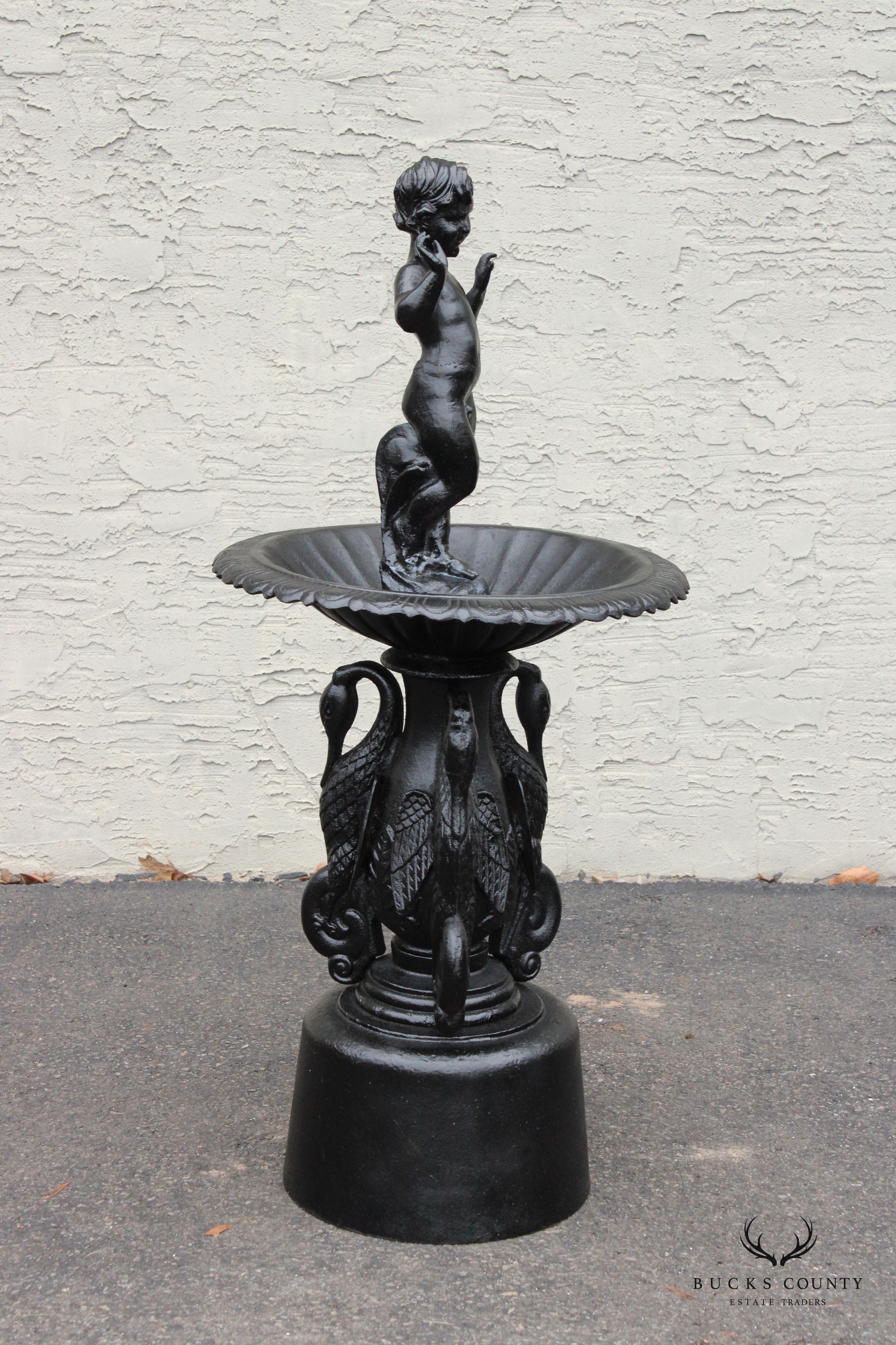 Neoclassical Style Cast Iron Cherub and Swan Garden Bird Bath