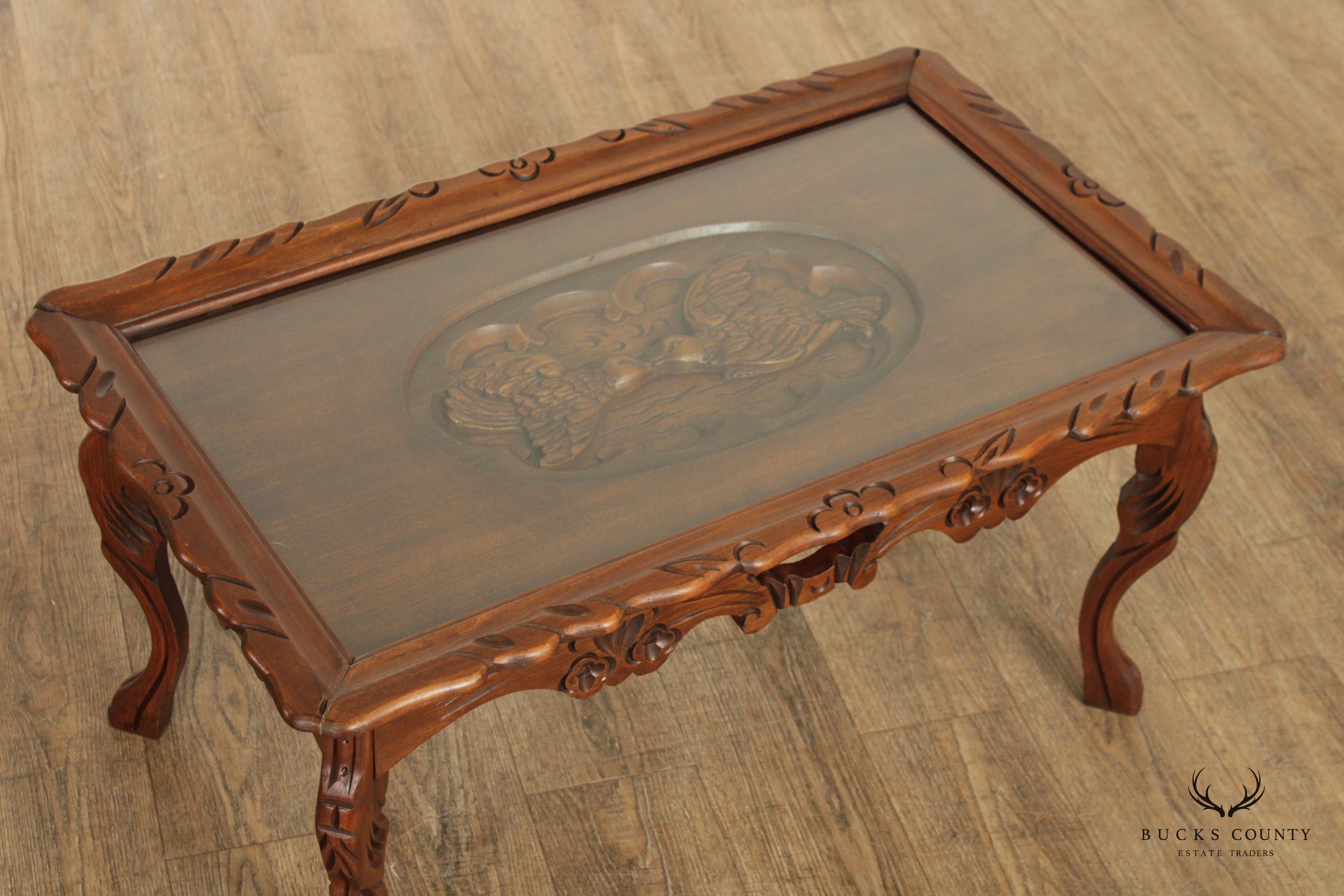 French Style Vintage Glass Top Carved Walnut Coffee Tray Table