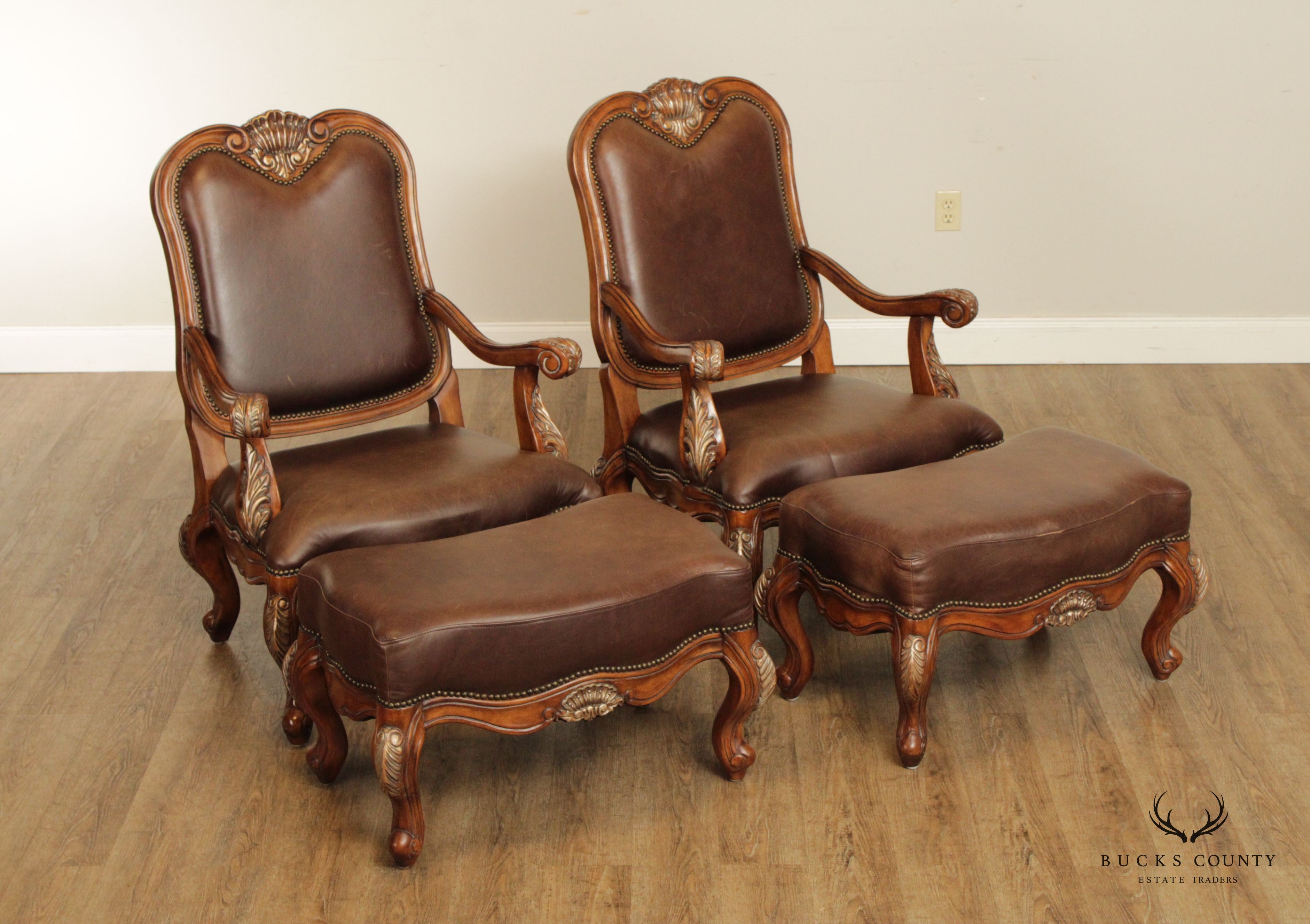 French Provincial Style Pair of Shell-Carved Leather Armchairs and Ottomans