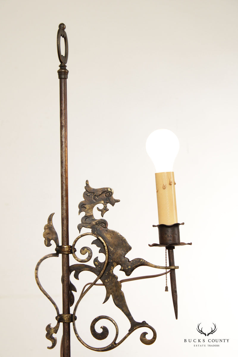 Antique Gothic Forged Iron and Gilt Floor Lamp
