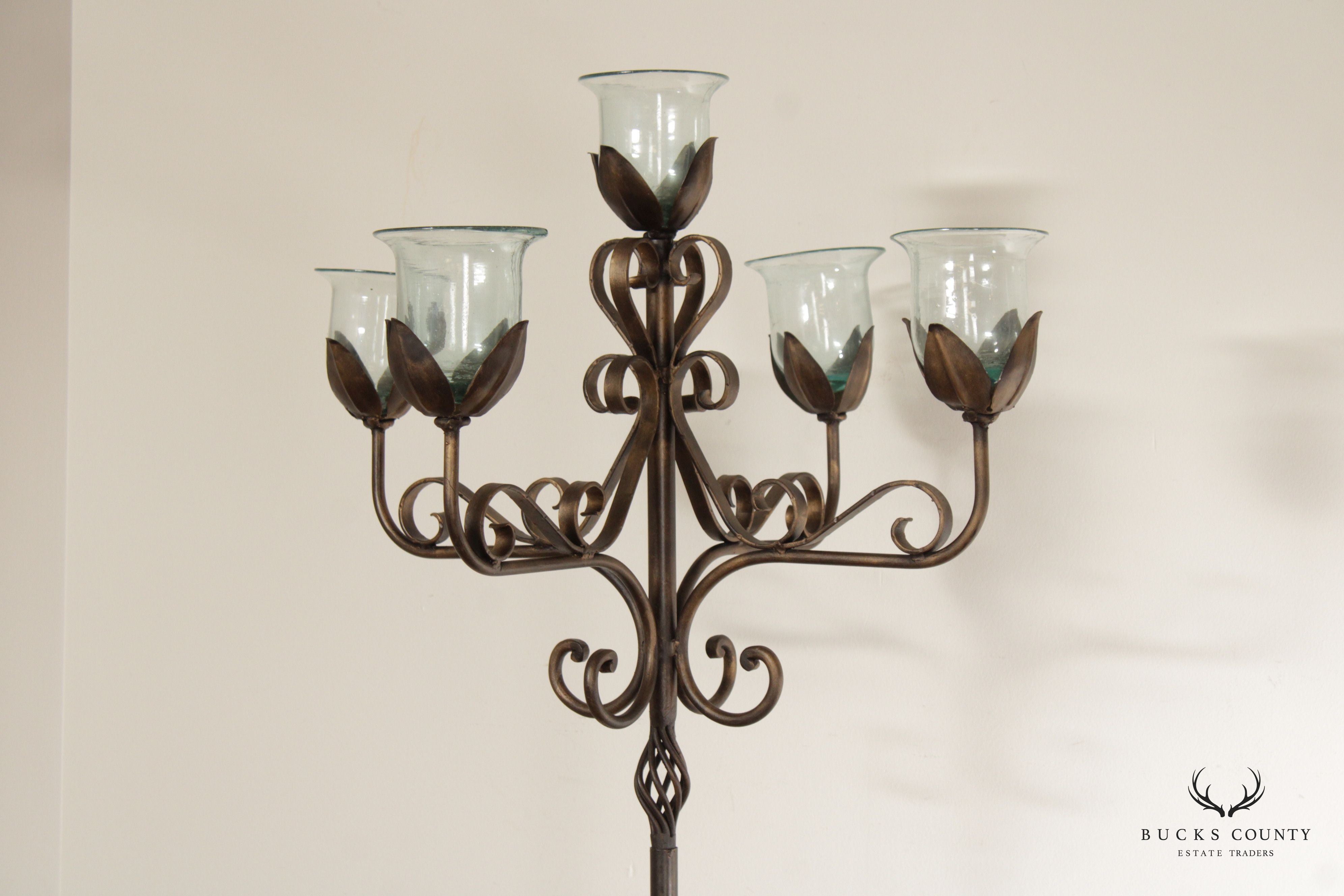 Wrought Iron Floor Candelabra With Glass Shades