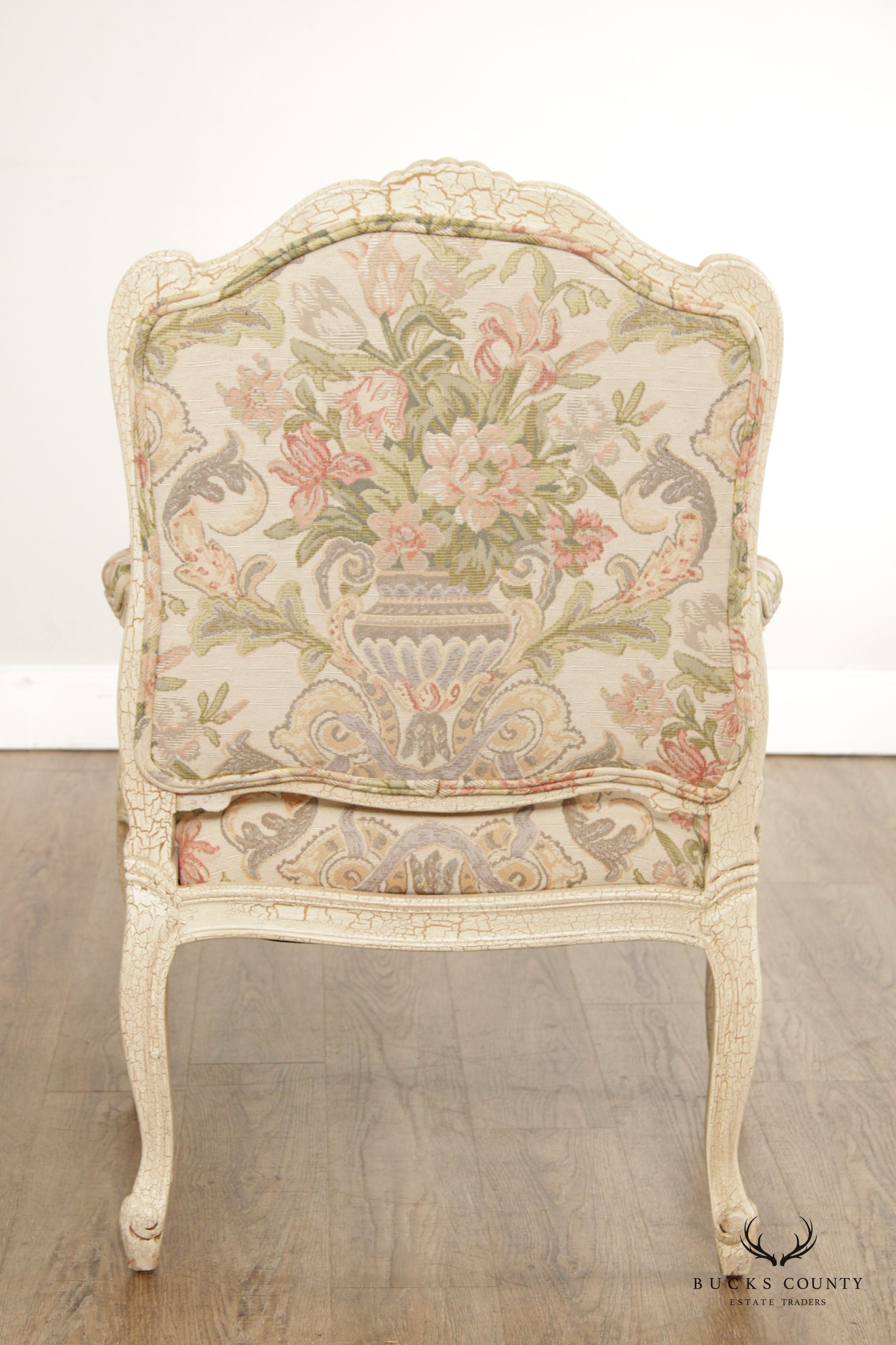 French Louis XV Style Crackle Painted Fauteuil Armchair