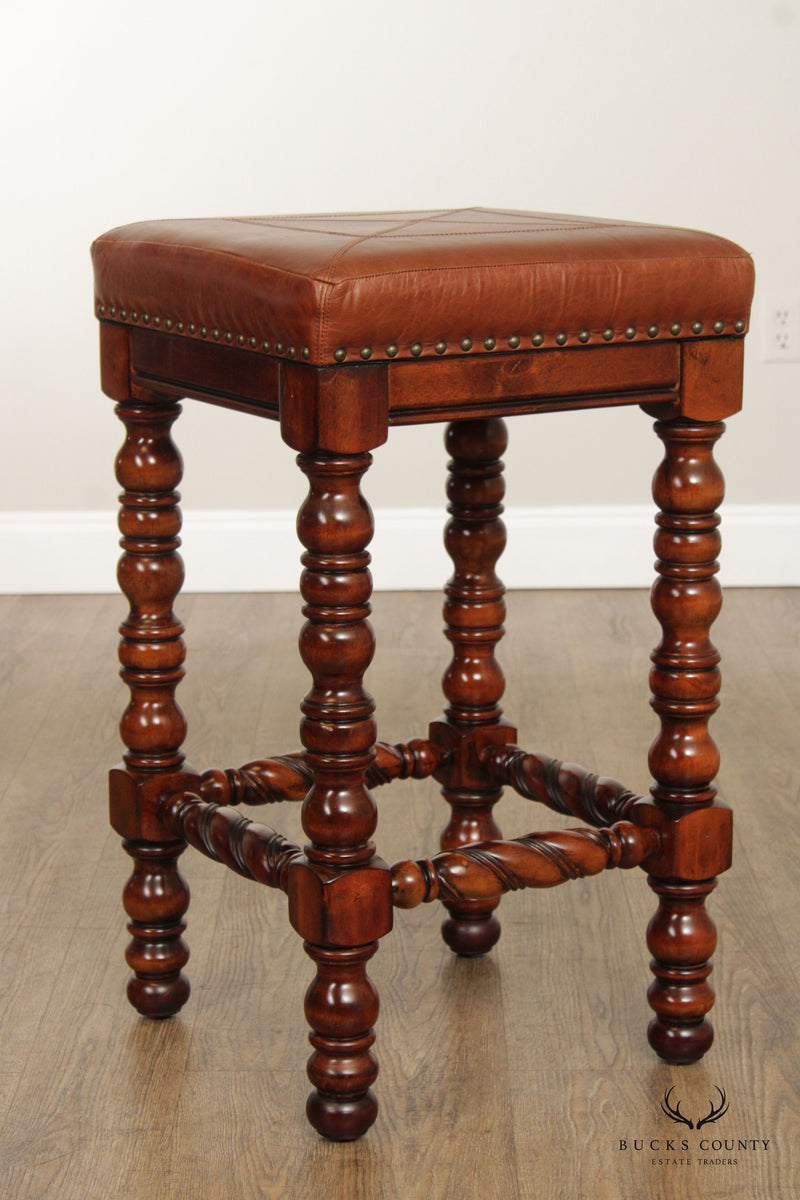 English Traditional Style Pair of Turned Wood and Leather Bar Stools