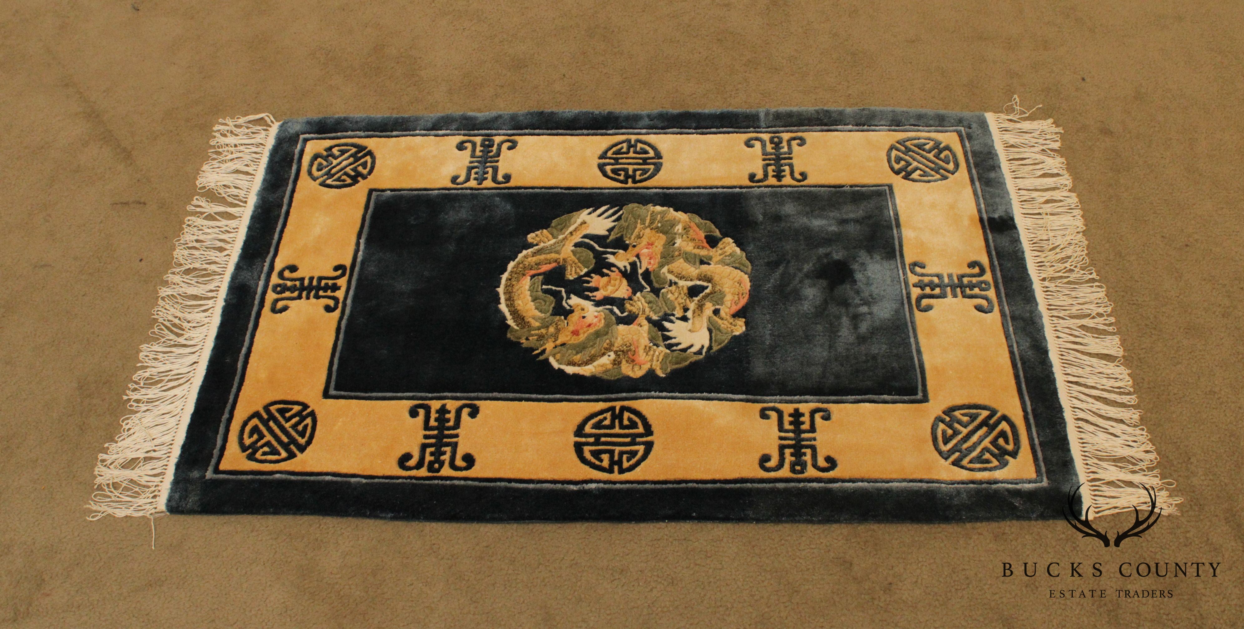 Quality 1970's Chinese Art Deco Style Dragon & Shou Design Blue Throw Rug