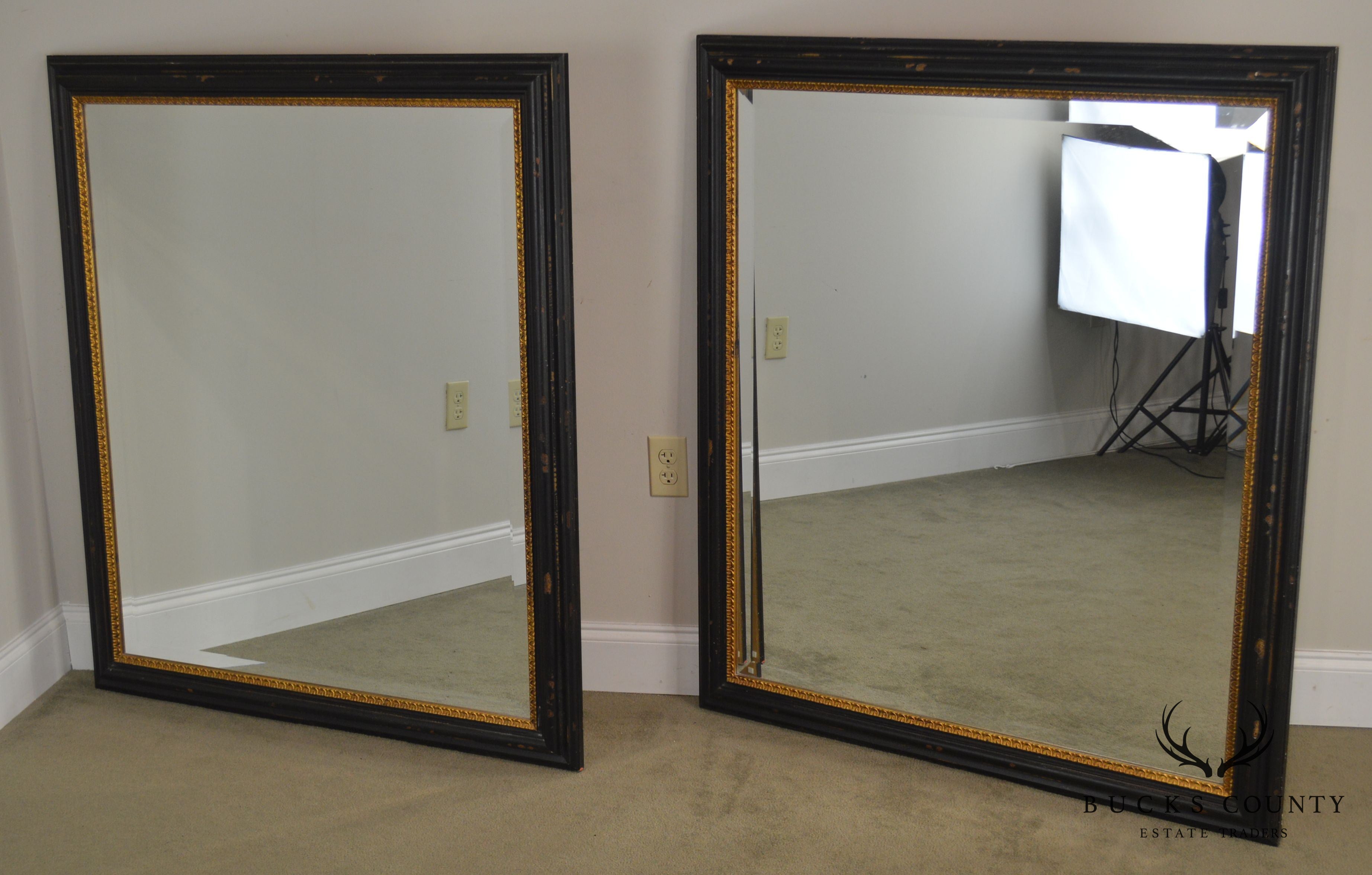 Regency Style Distressed Black & Gold Frame Rectangular Pair Beveled Mirrors