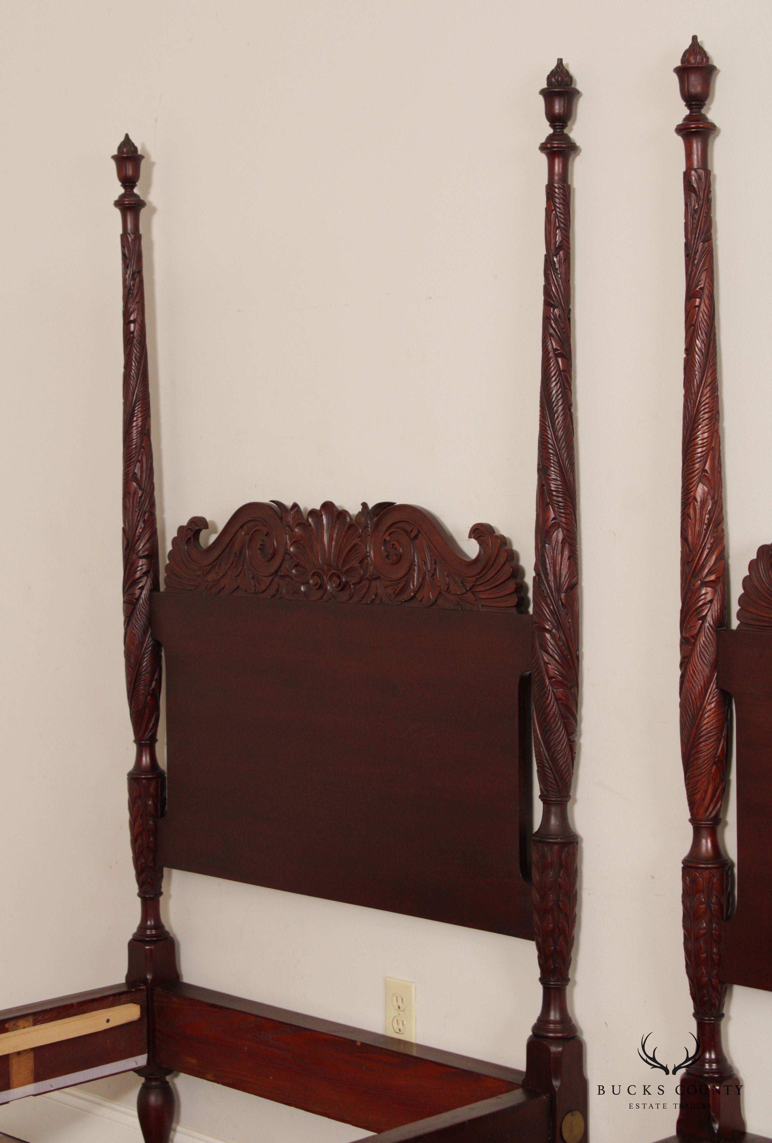 Antique American Mahogany Carved Pair Poster Beds