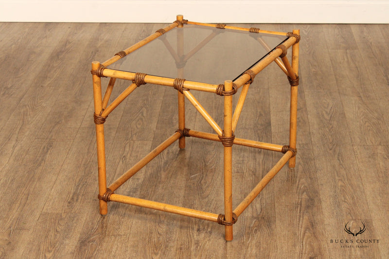 Vintage Faux Bamboo Glass Top Side Table