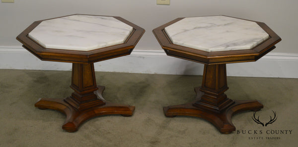Weiman Hollywood Regency Vintage Pair Octagonal Marble Top Low Pedestal Side Tables