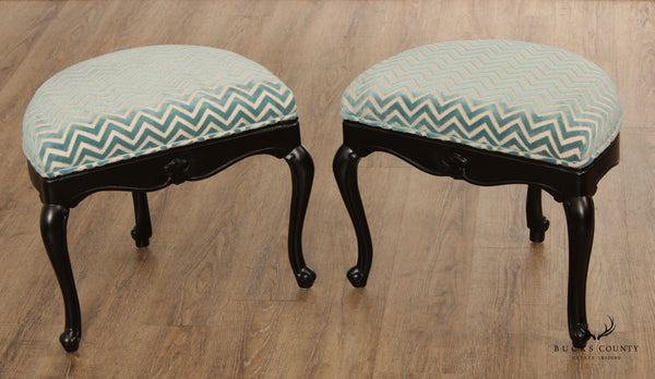 French Louis XV Style Ebonized Pair of Custom Upholstered Demilune Stools
