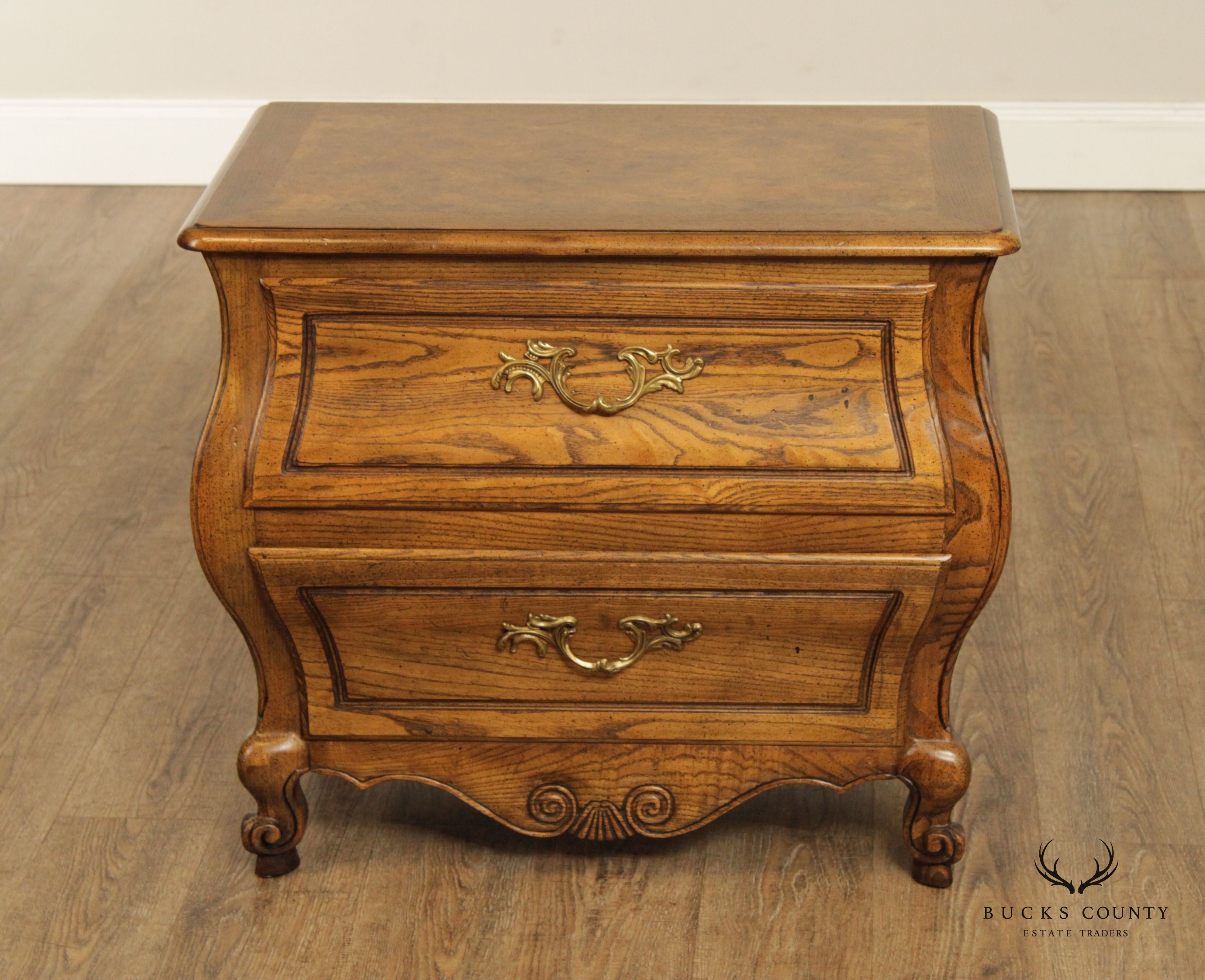 Baker French Louis XV Style Oak and Burlwood Bombe Chest Nightstand