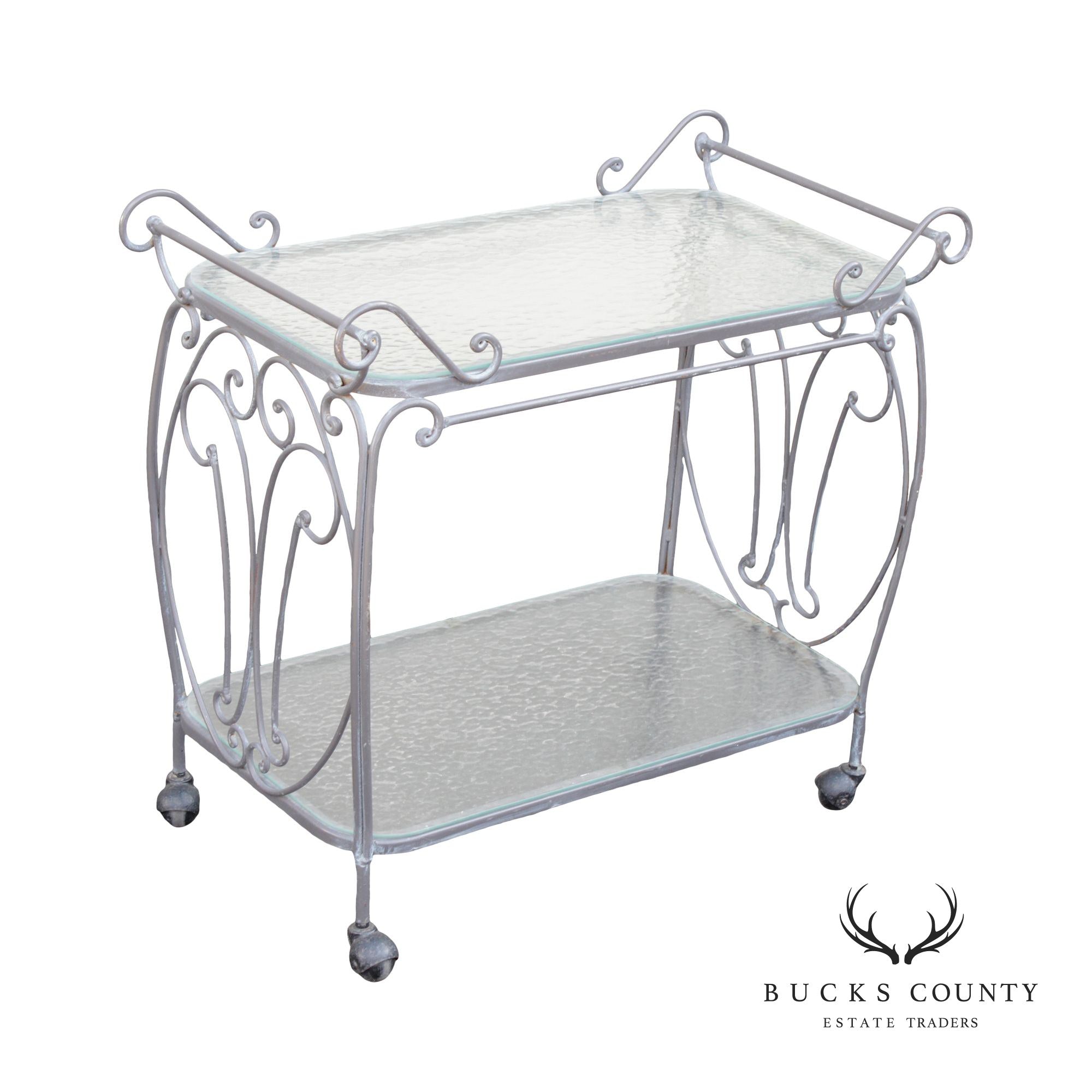 French Style Vintage Wrought Iron Scroll Two-Tier Outdoor Bar or Serving Cart