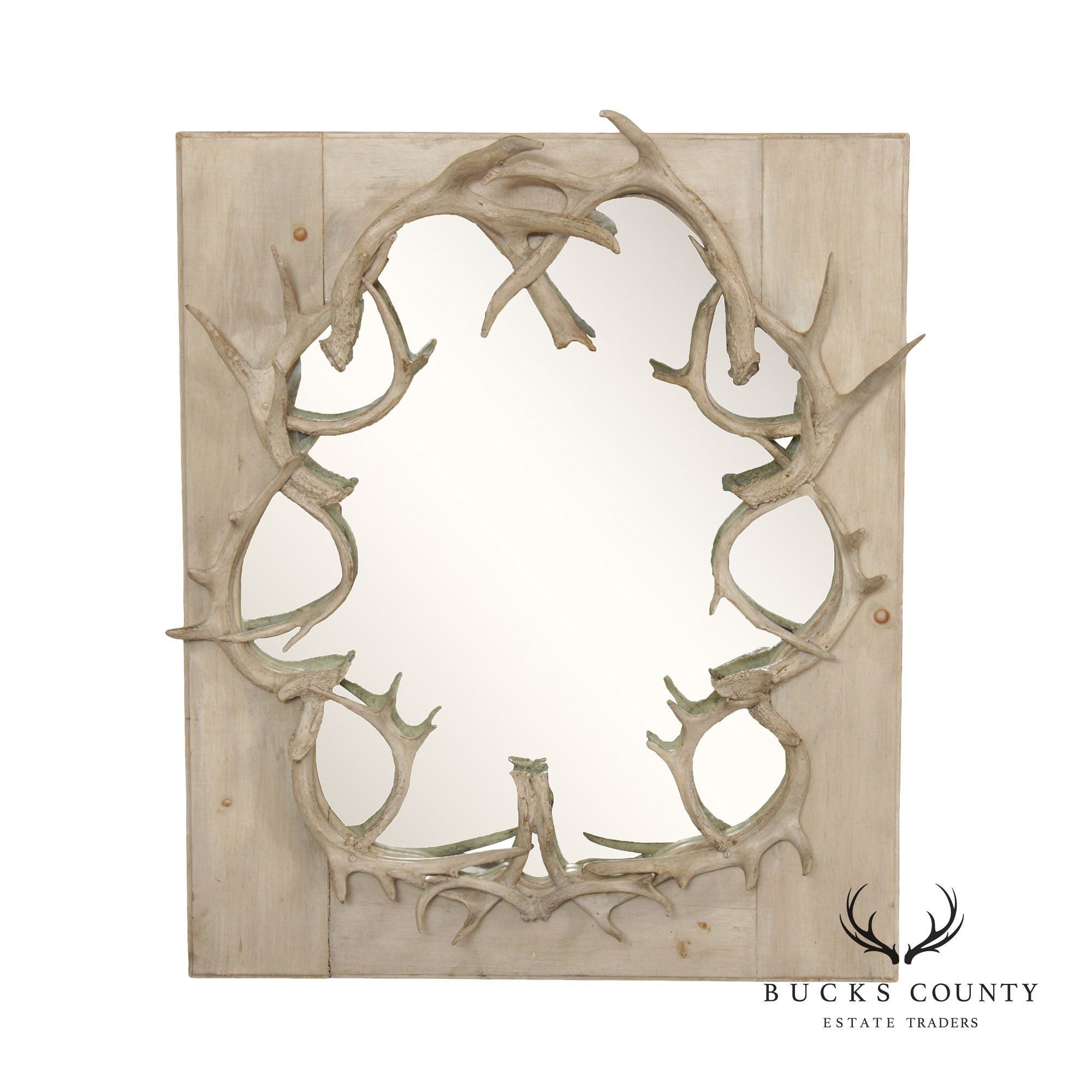 Rustic Painted Pine and Antler Wall Mirror