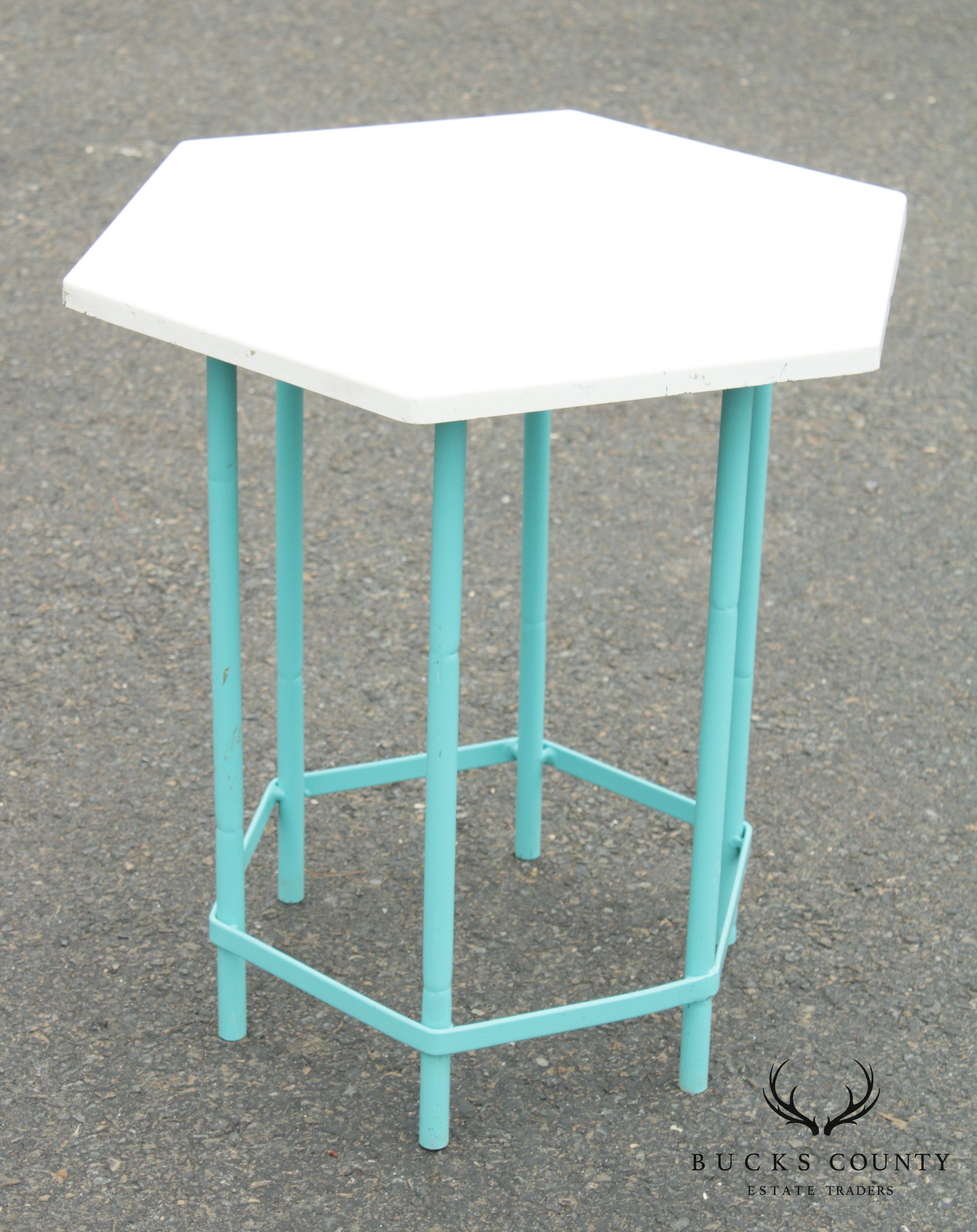 Mid Century Modern Teal Painted Base Hexagon Top Patio Side Table