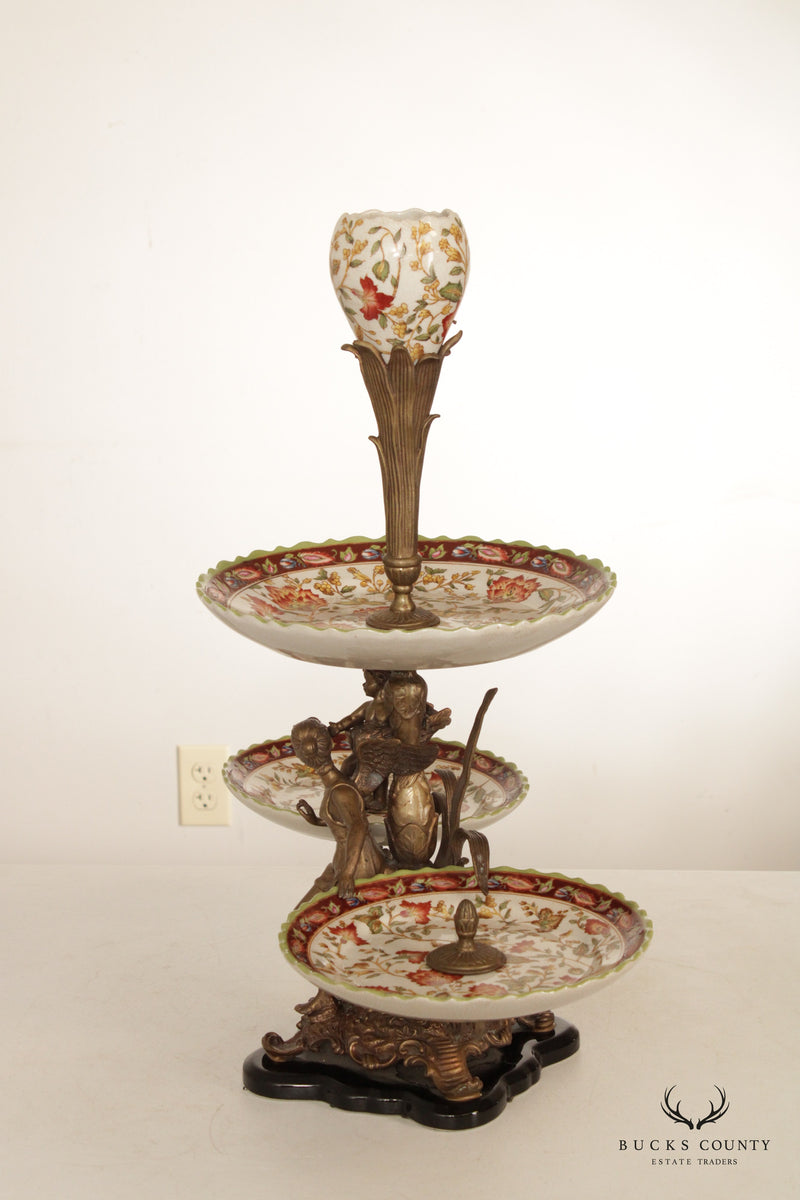 Castilian Imports Rococo Style Porcelain and Brass Tiered Centerpiece