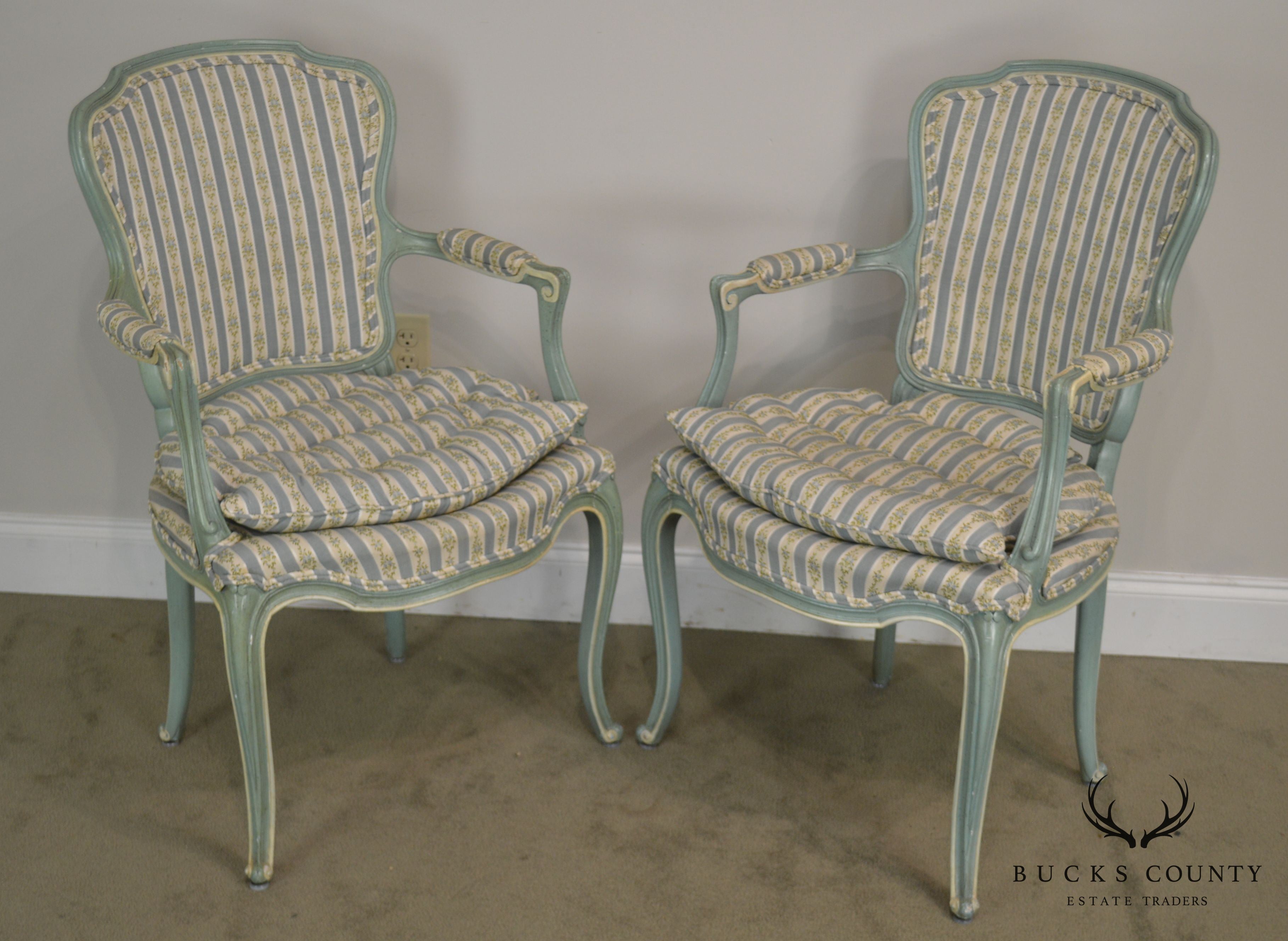 French Louis XV Style Vintage 1960's Custom Painted Pair Armchairs